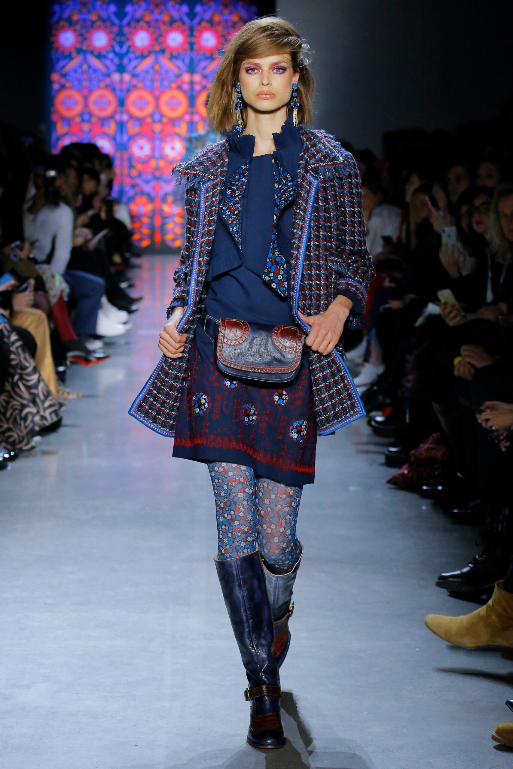 blue wool long-sleeve collared tailored checked buttoned coat
