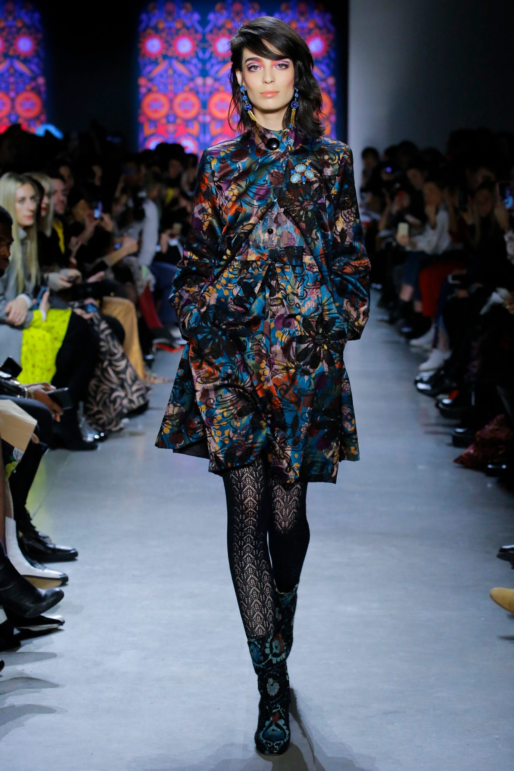 multi silk long-sleeve collared fitted flared pockets dress