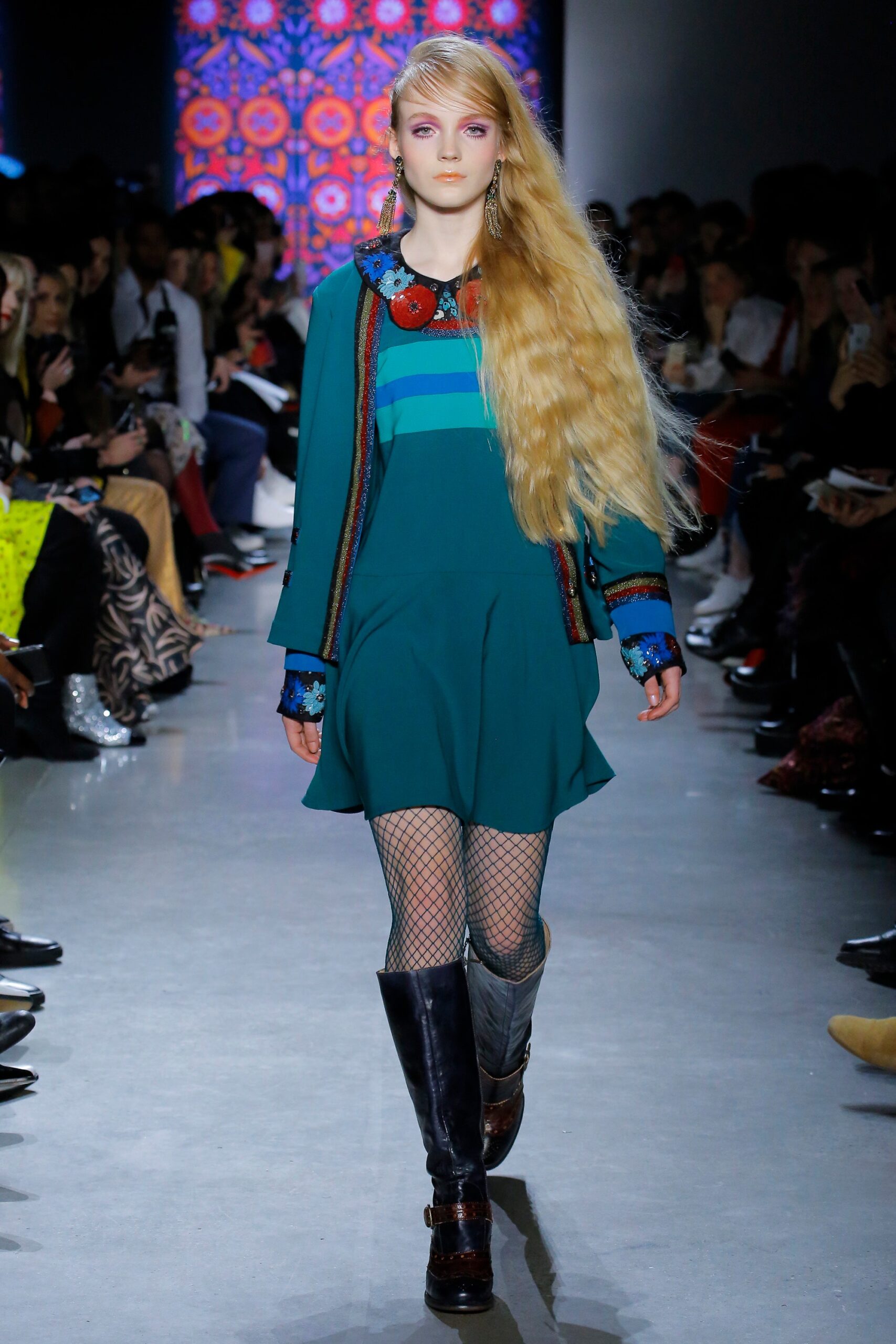 green long-sleeve collared fitted layered mini dress