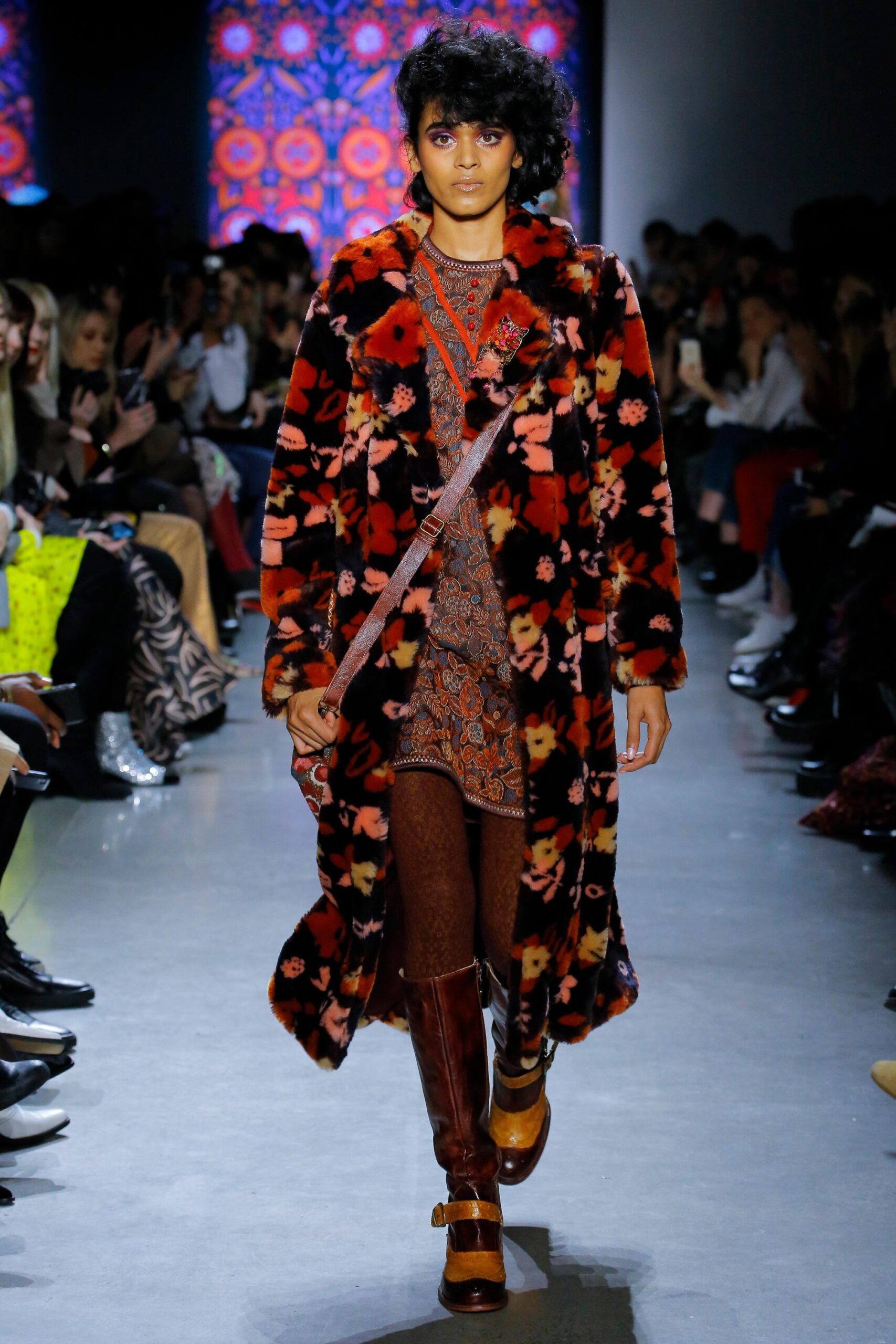 floral faux-fur coat with mini dress