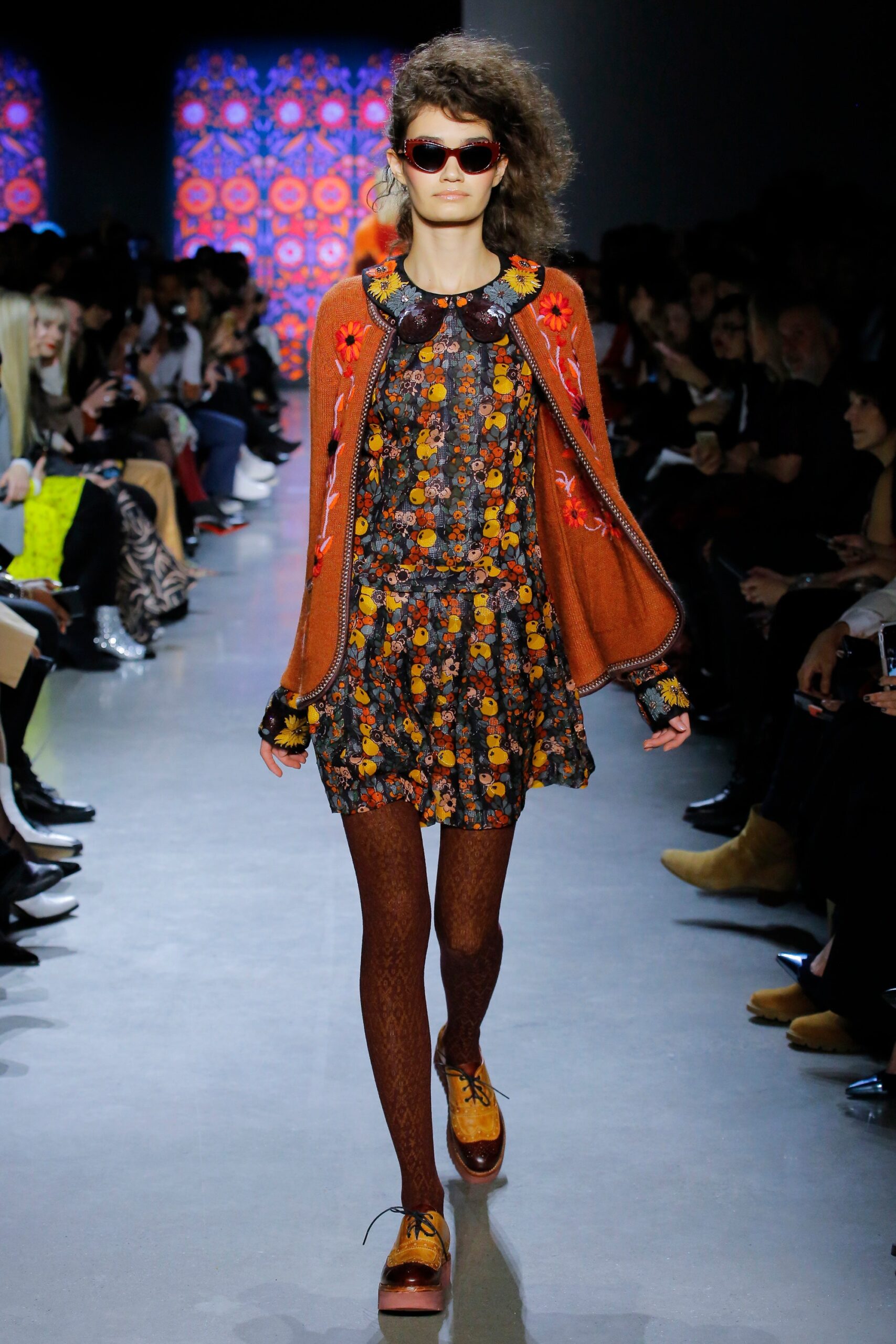 orange wool long-sleeve collared relaxed embroidered cardigan