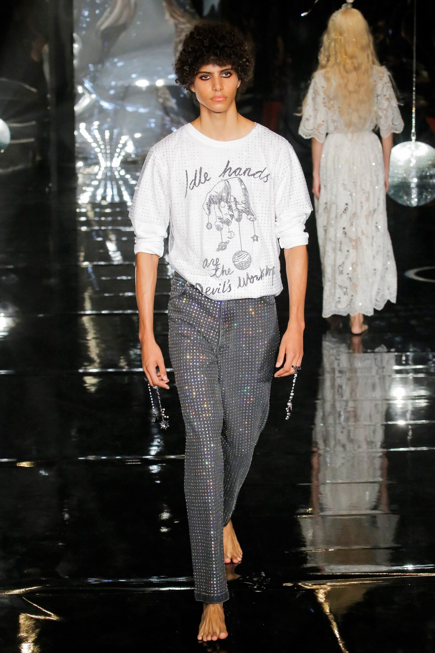 white relaxed top and gray pants