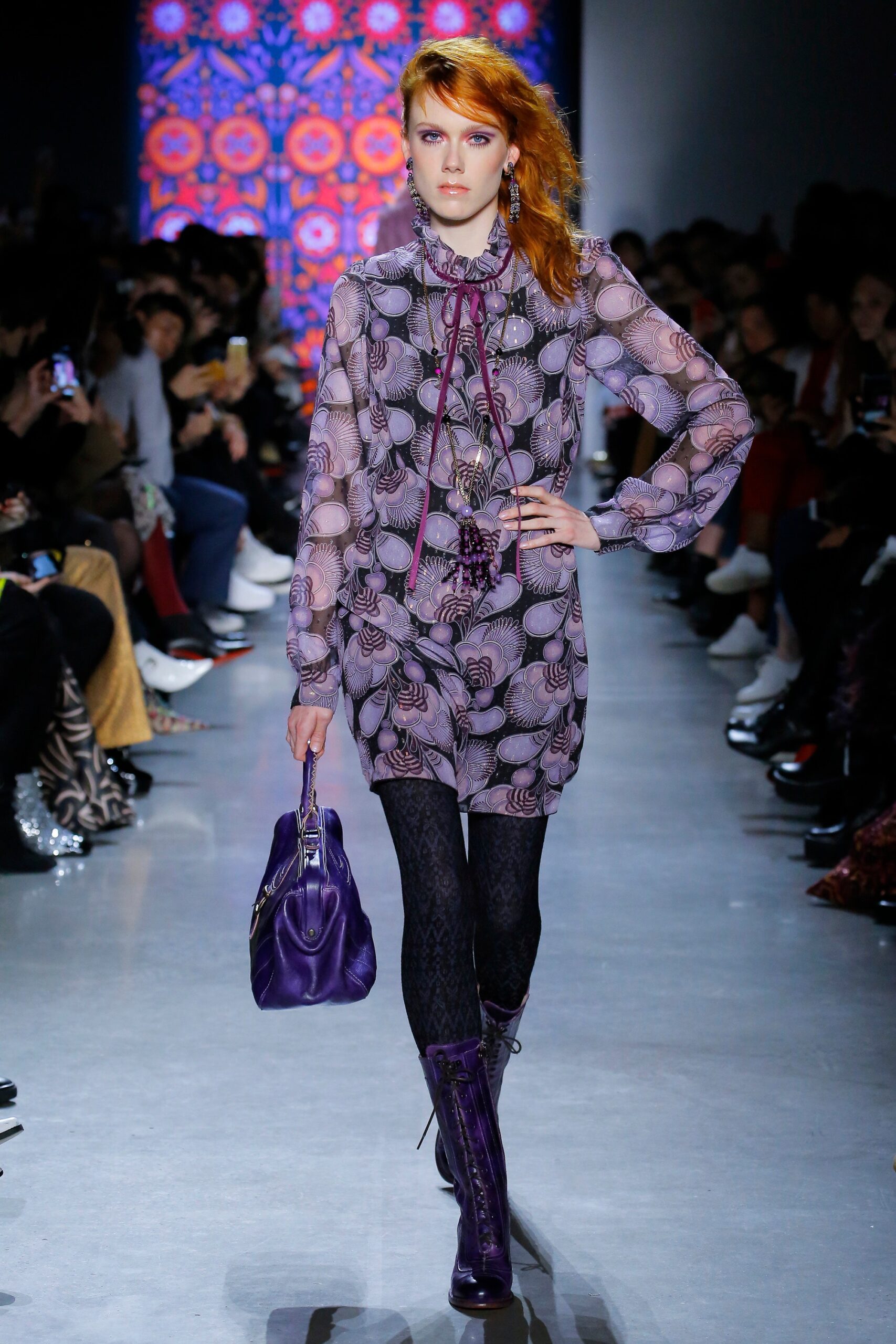 purple silk long-sleeve collared fitted printed tiered dress