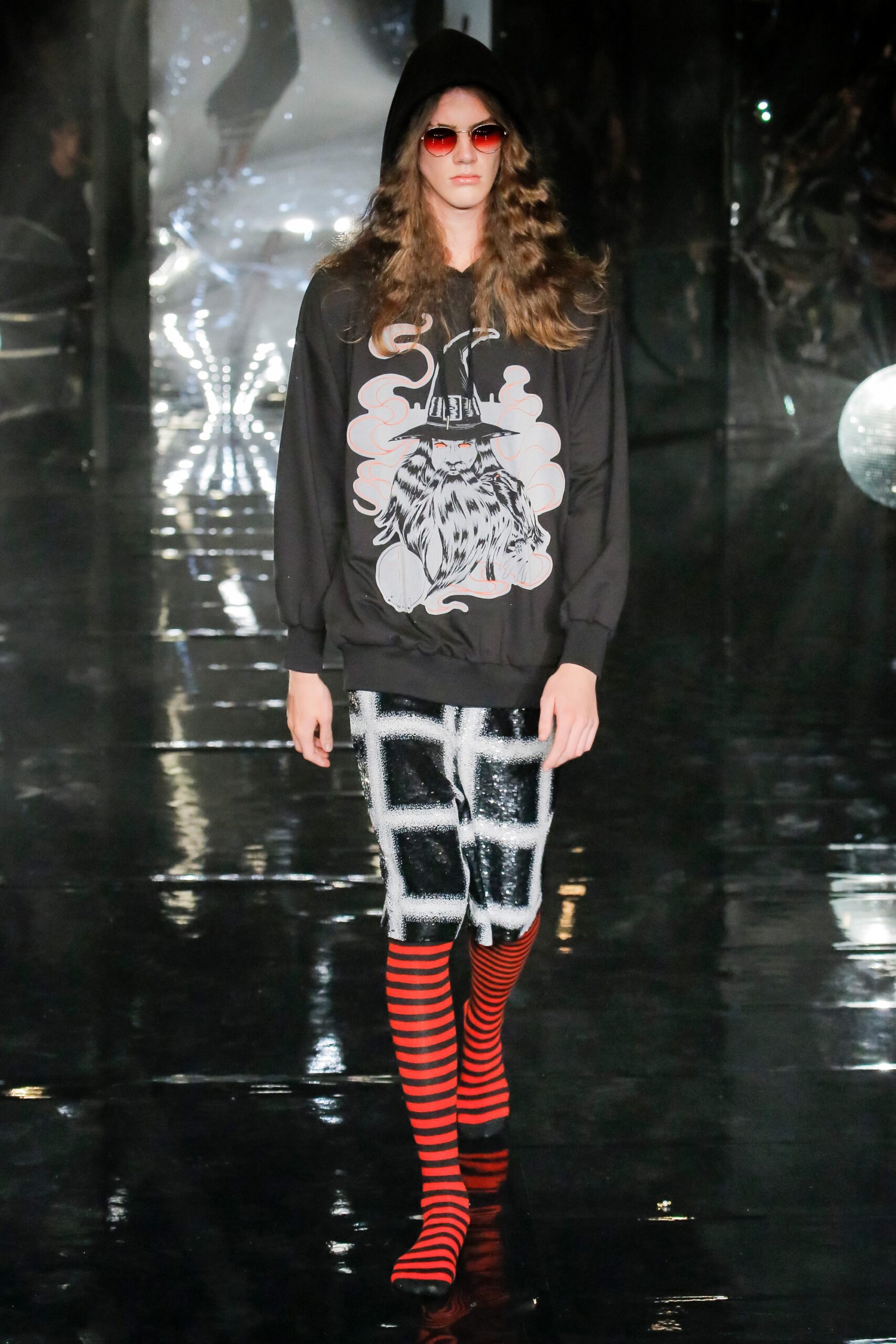 black hoodie with checked pants