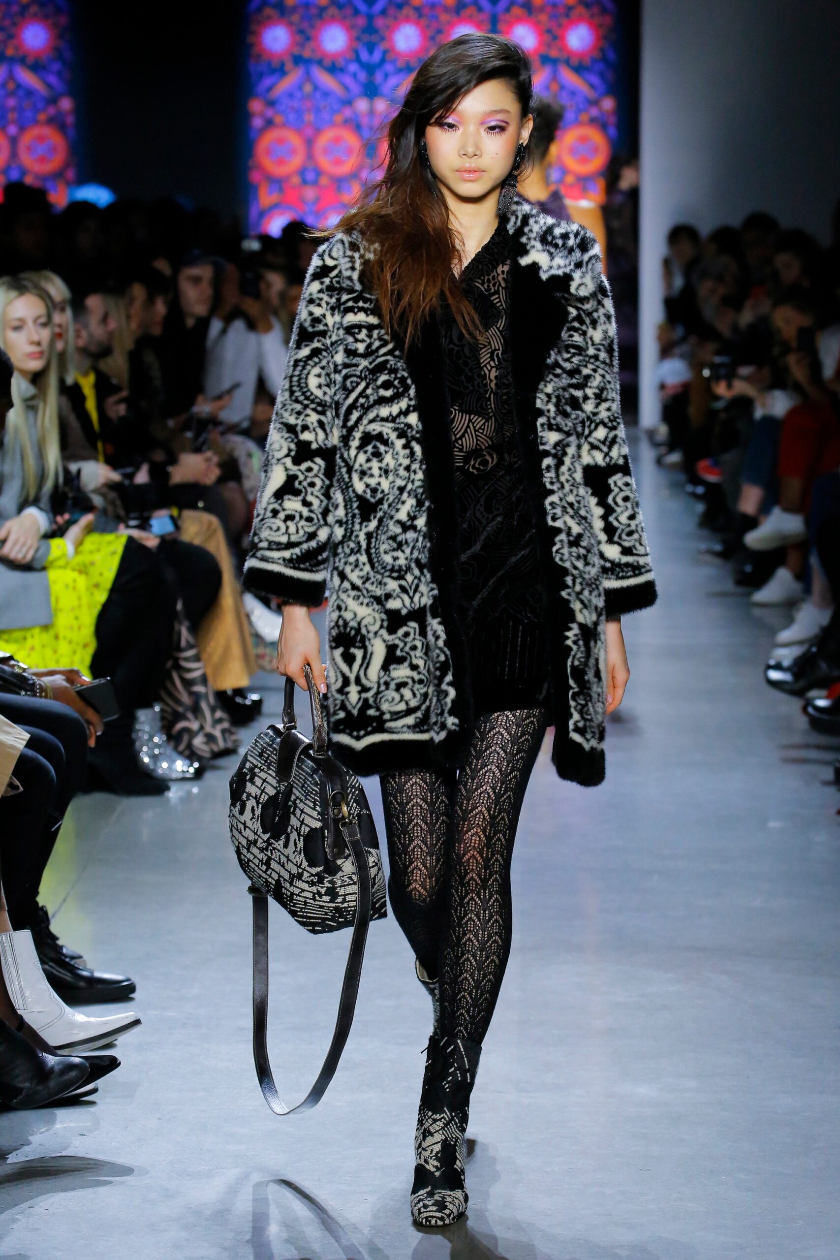 black and white printed coat with mini dress