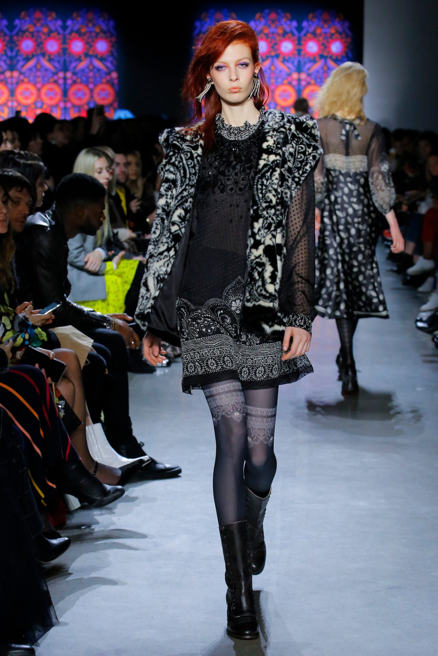 black lace mini dress with faux-fur coat