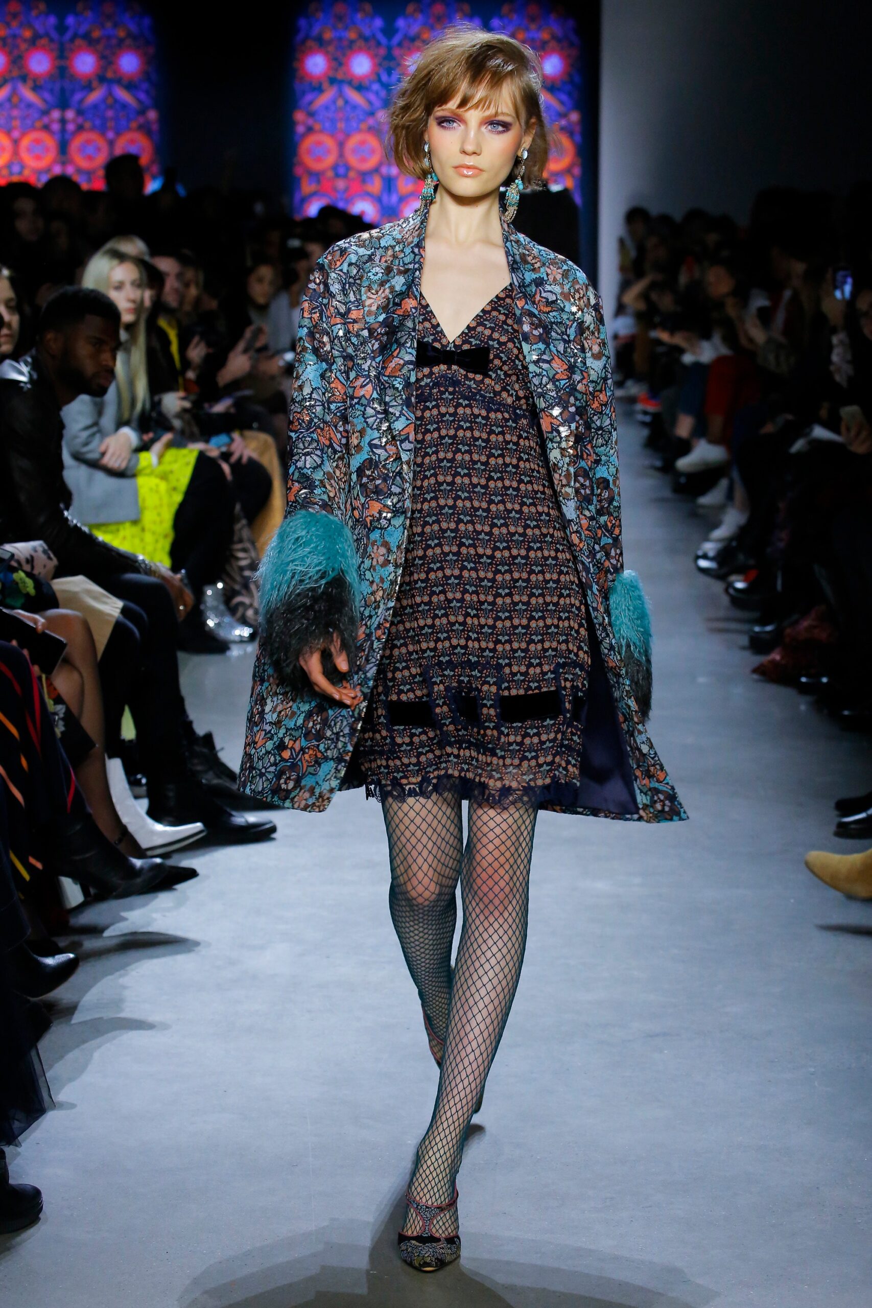 blue printed coat with mini dress