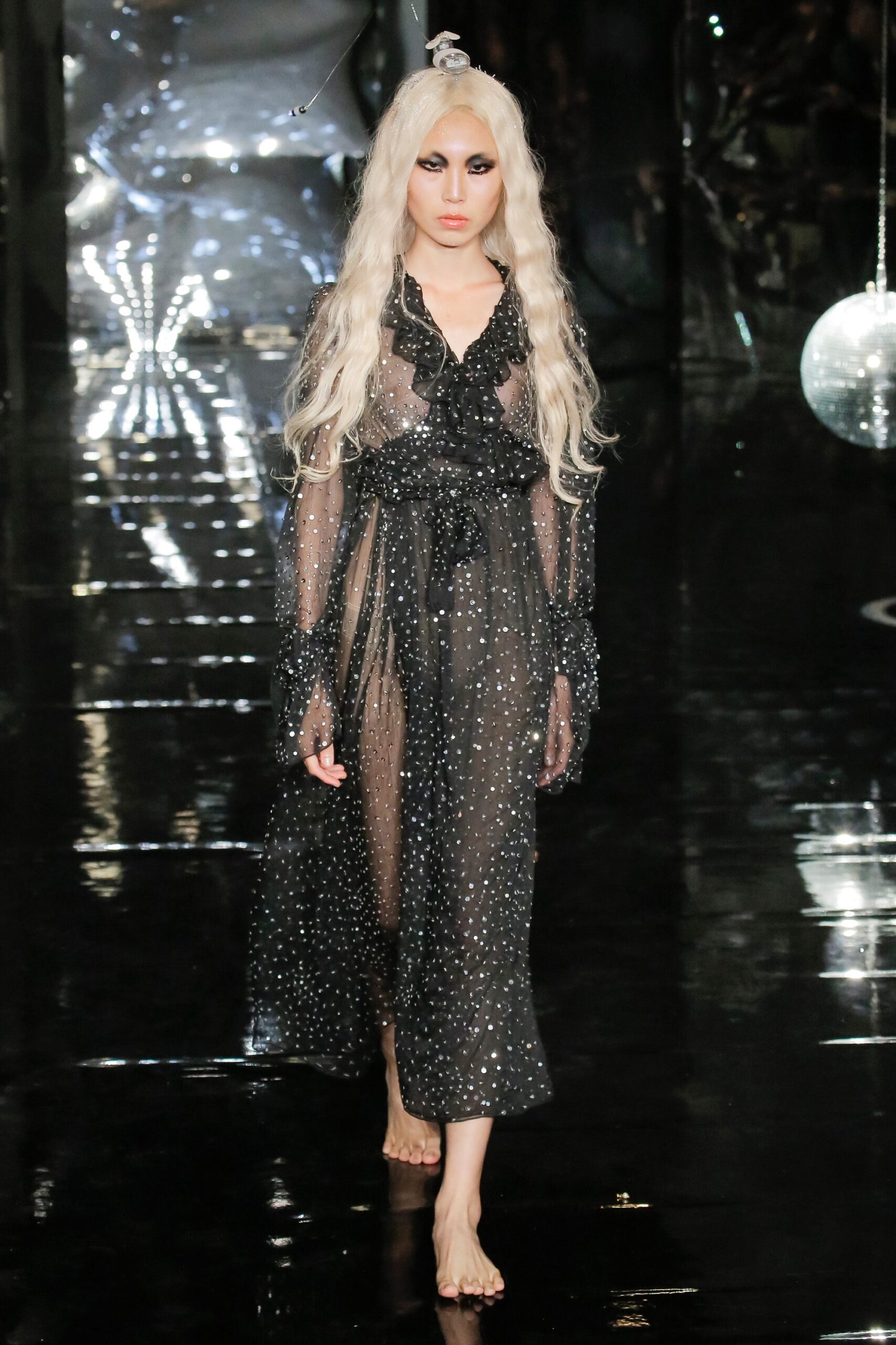 black sheer draped midi dress