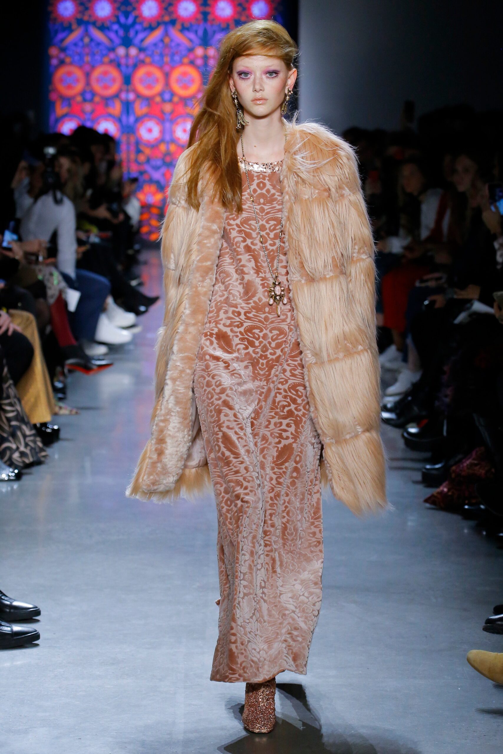 pink velvet gown with faux-fur coat