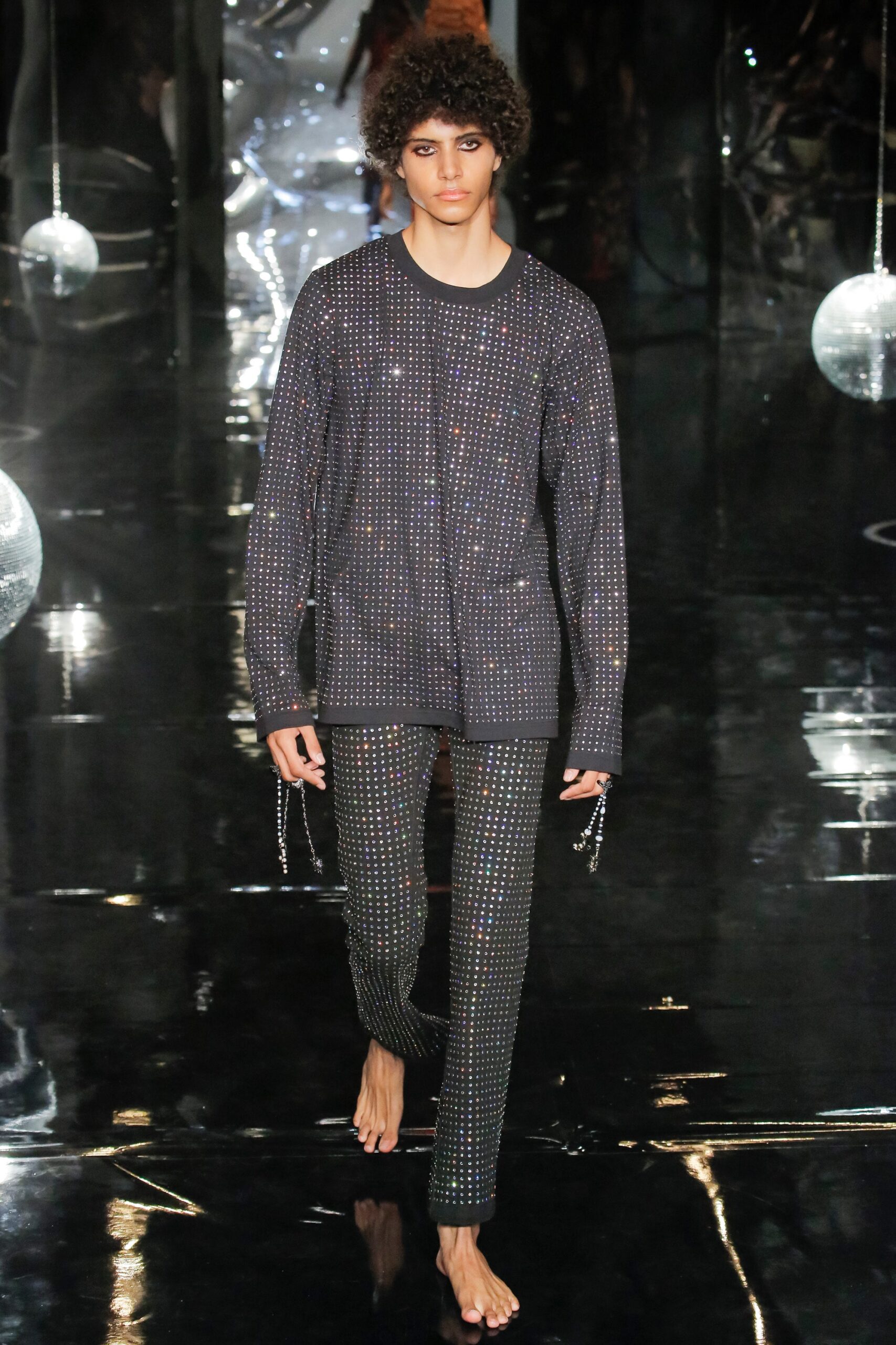 black shiny top and pants