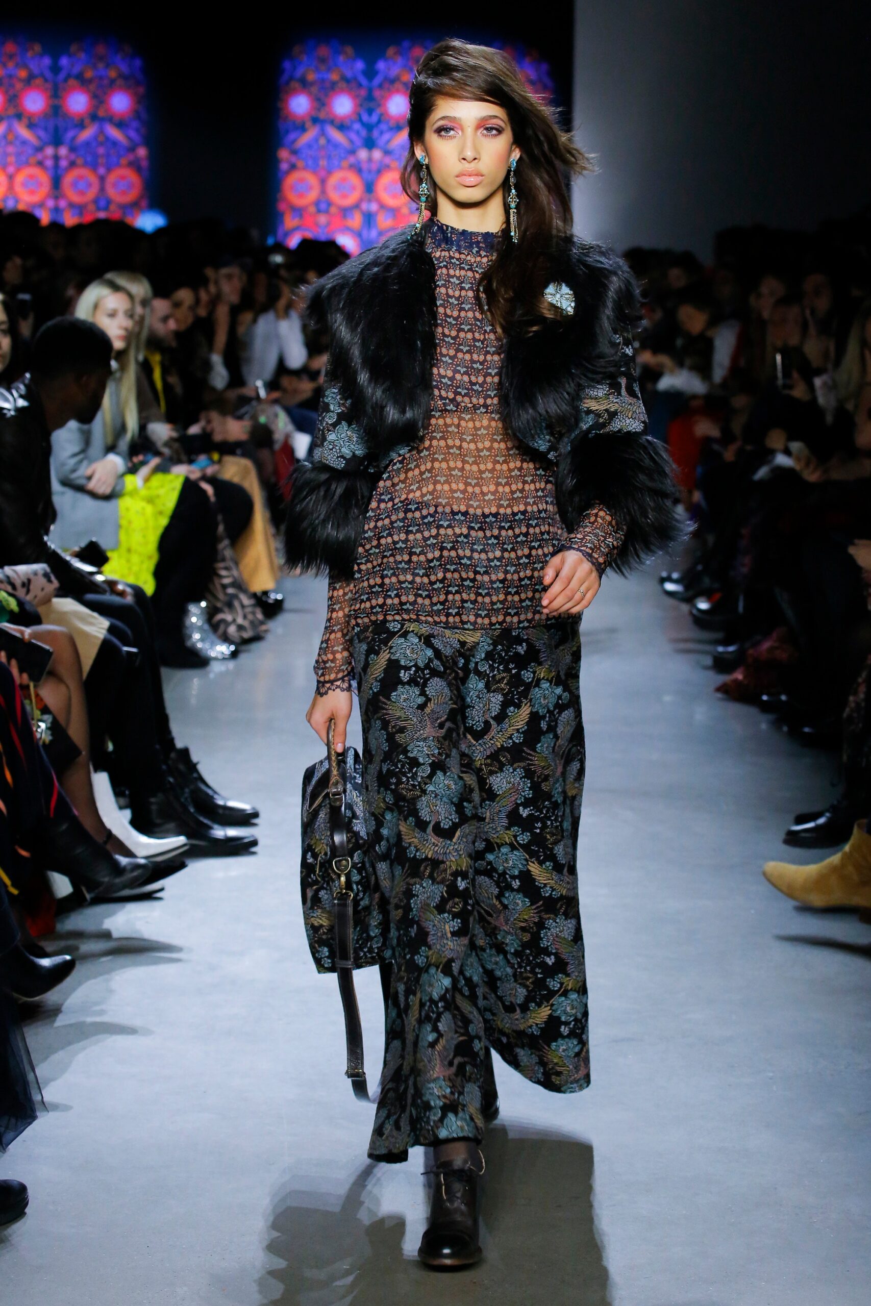 black multi-colored maxi dress with faux-fur cape