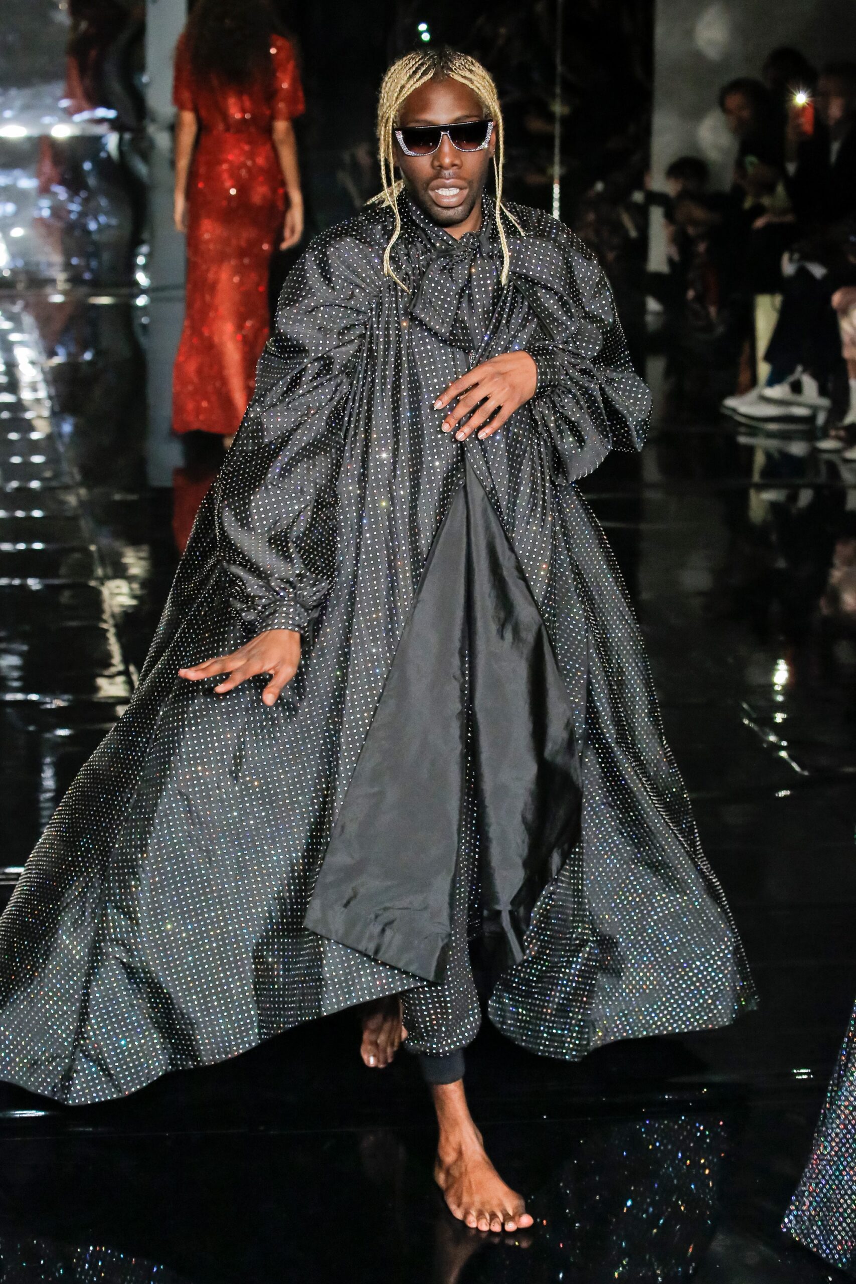 black silk oversized cape and pants