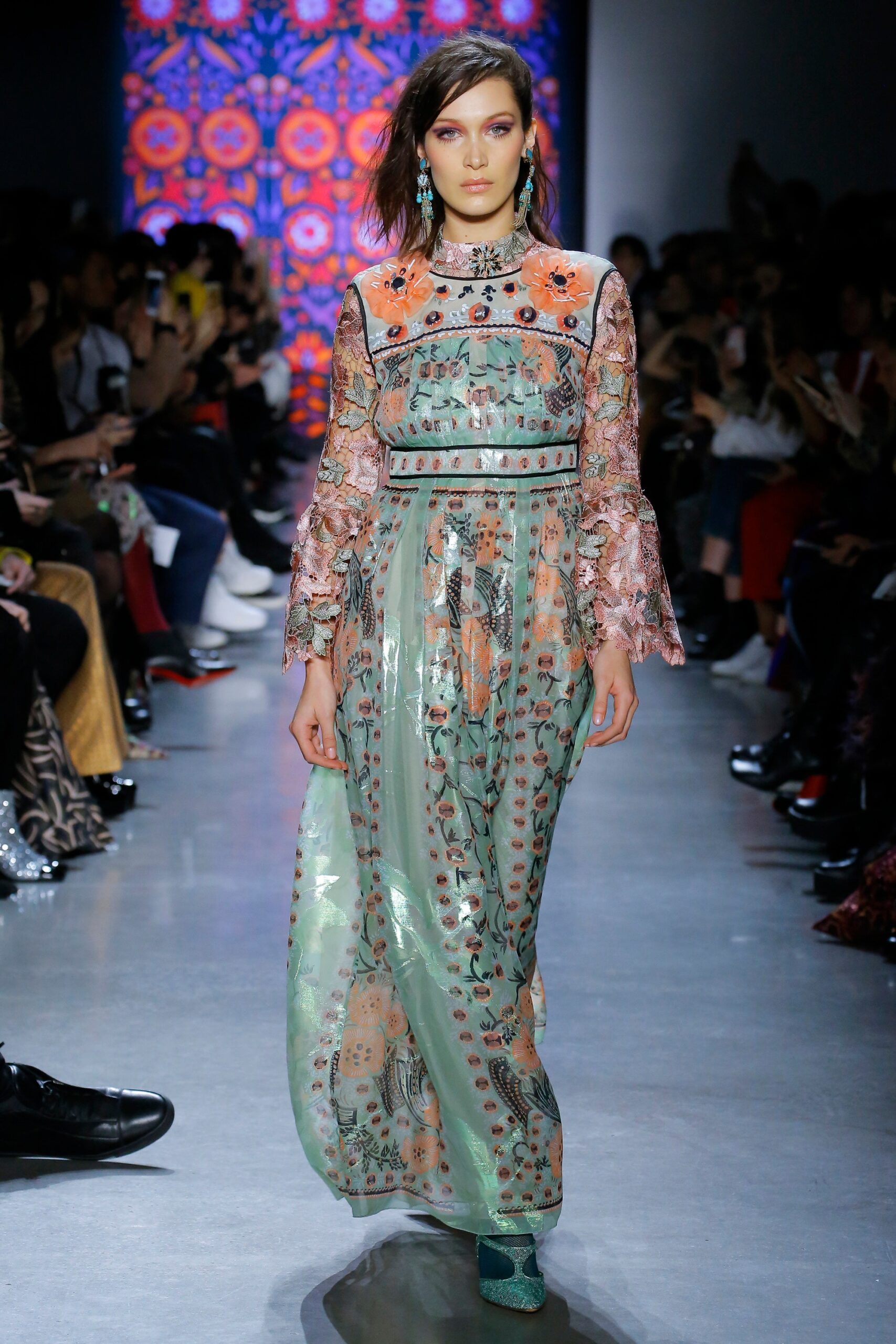 green embroidered long-sleeve gown