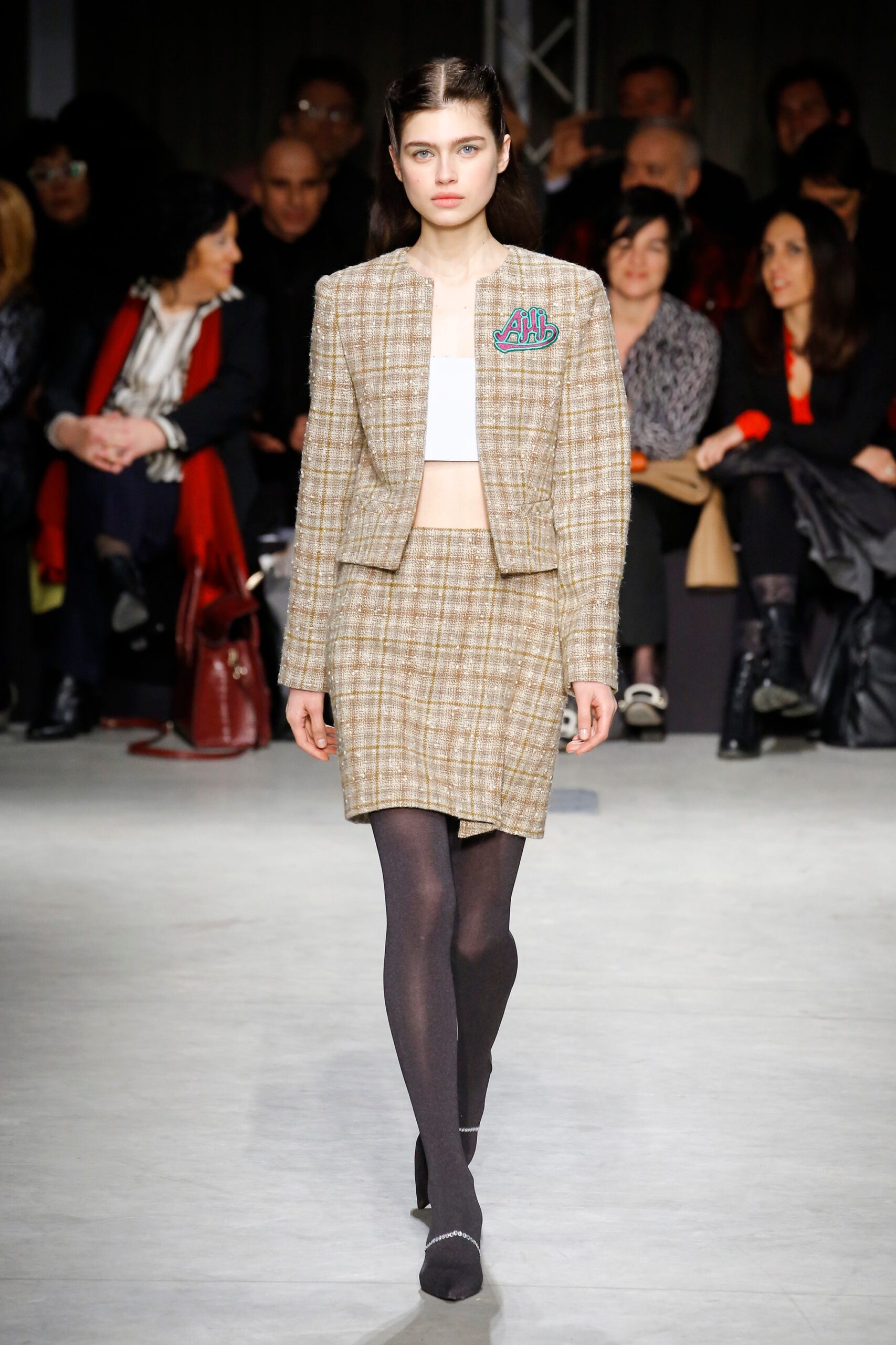 brown tweed blazer and skirt