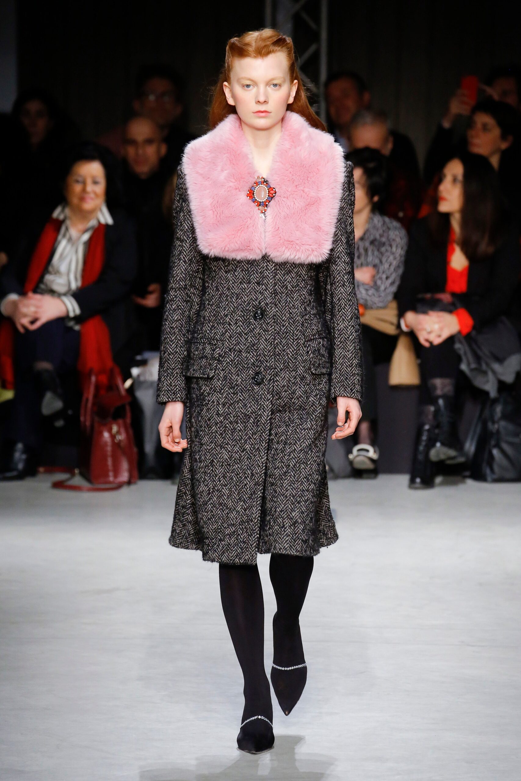 gray wool fitted coat with pink scarf