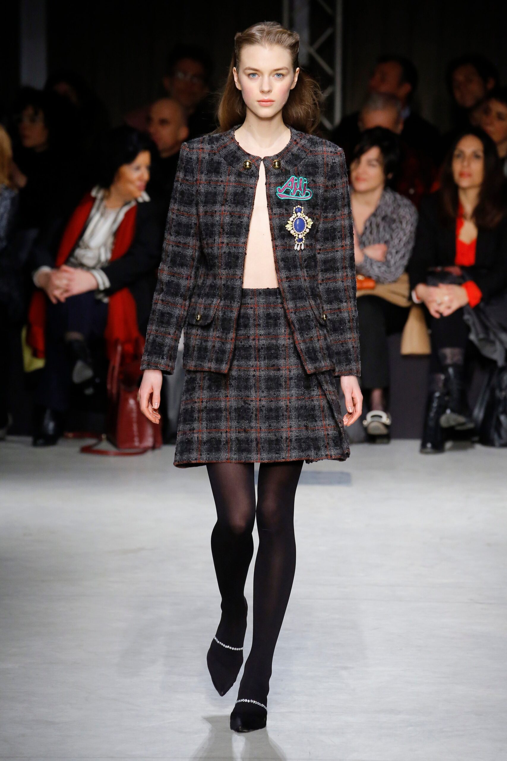 gray tweed blazer and skirt