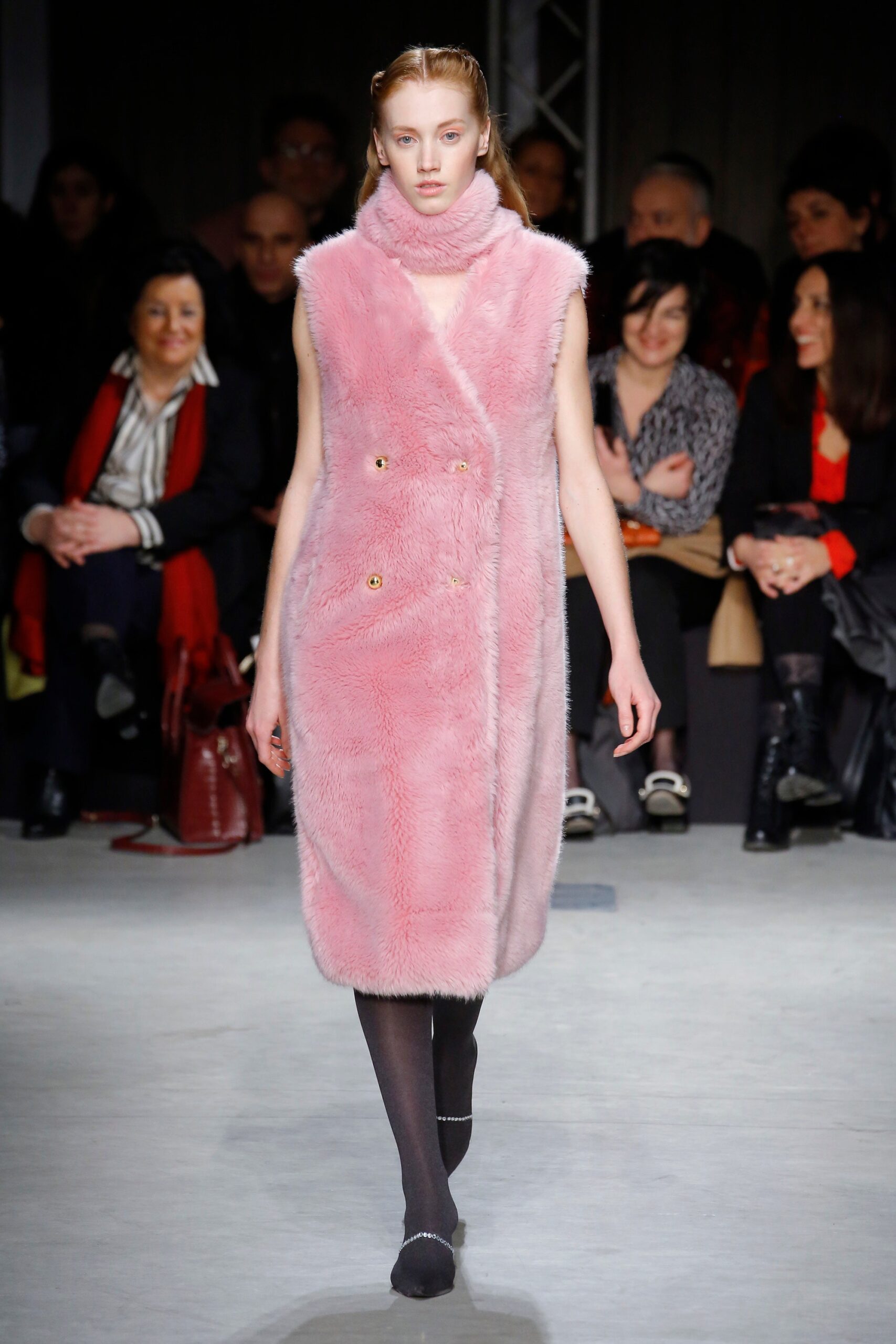 pink faux-fur midi coat