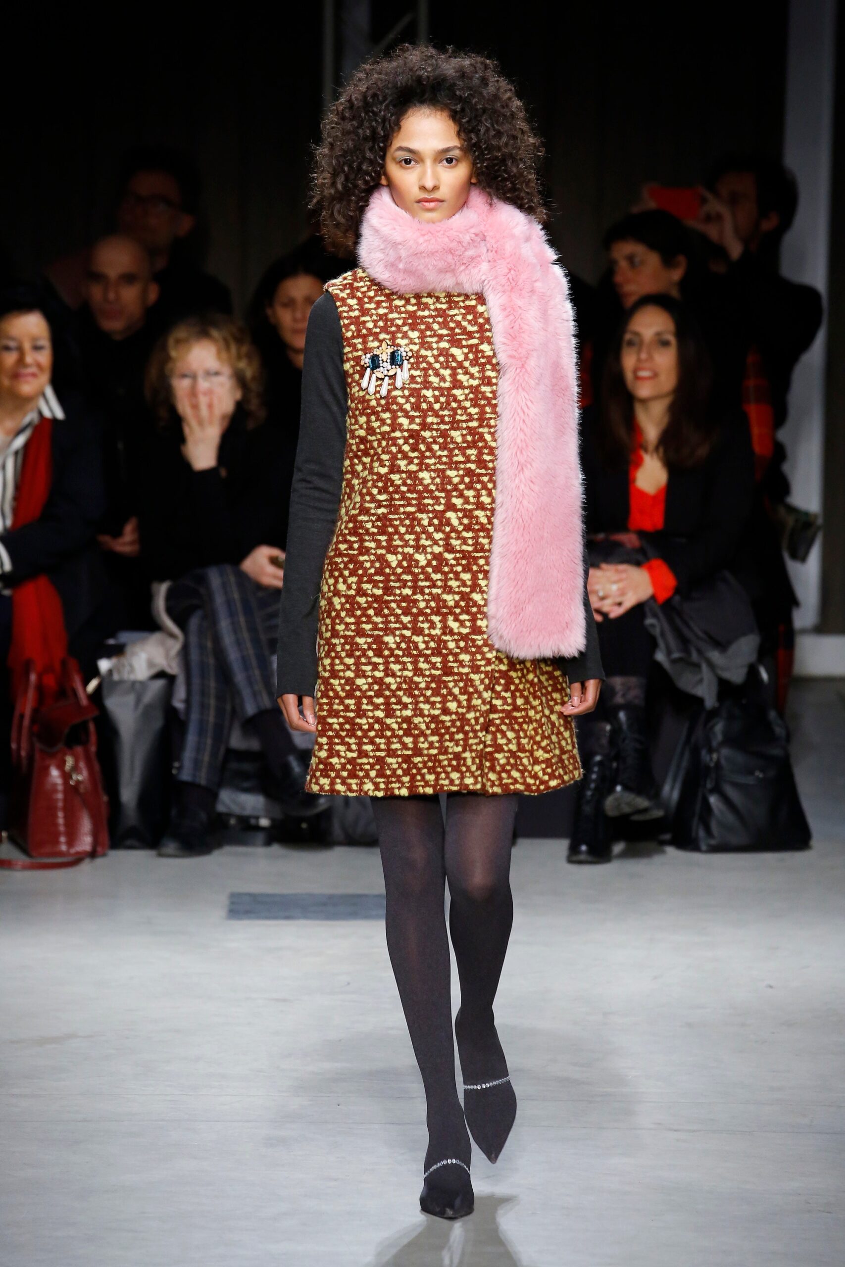 brown printed mini dress with pink scarf