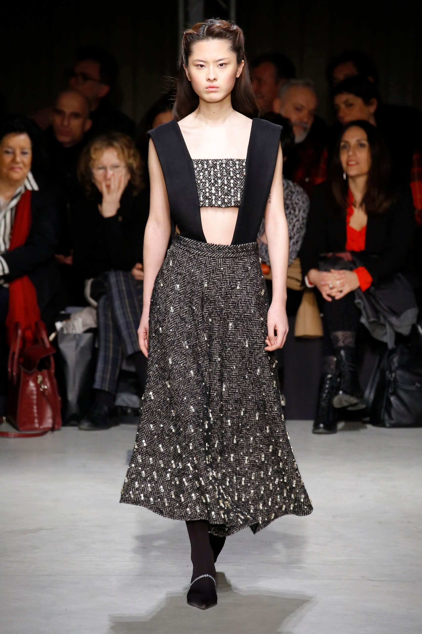 black silk fitted top and midi skirt