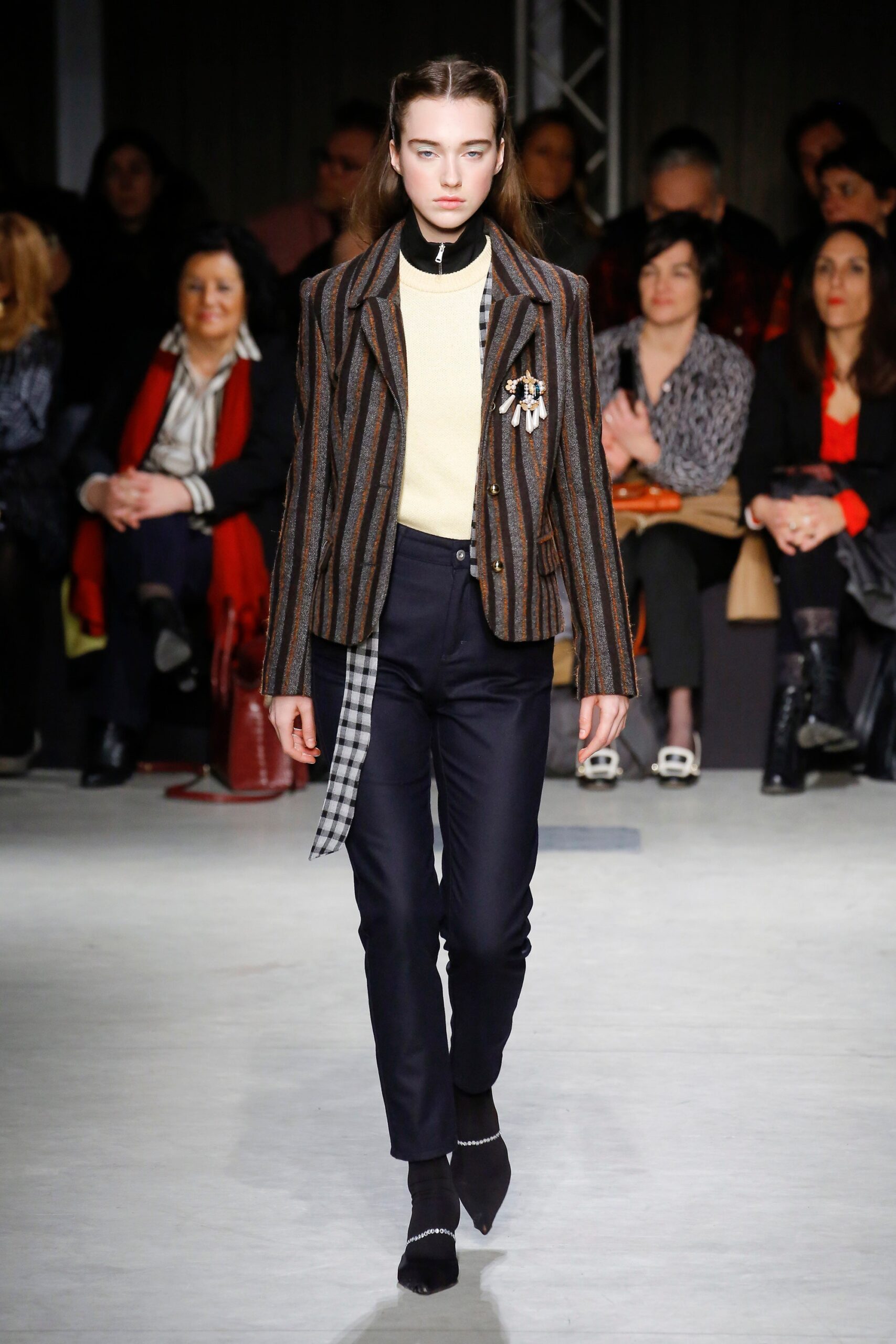 brown striped tailored blazer with yellow top