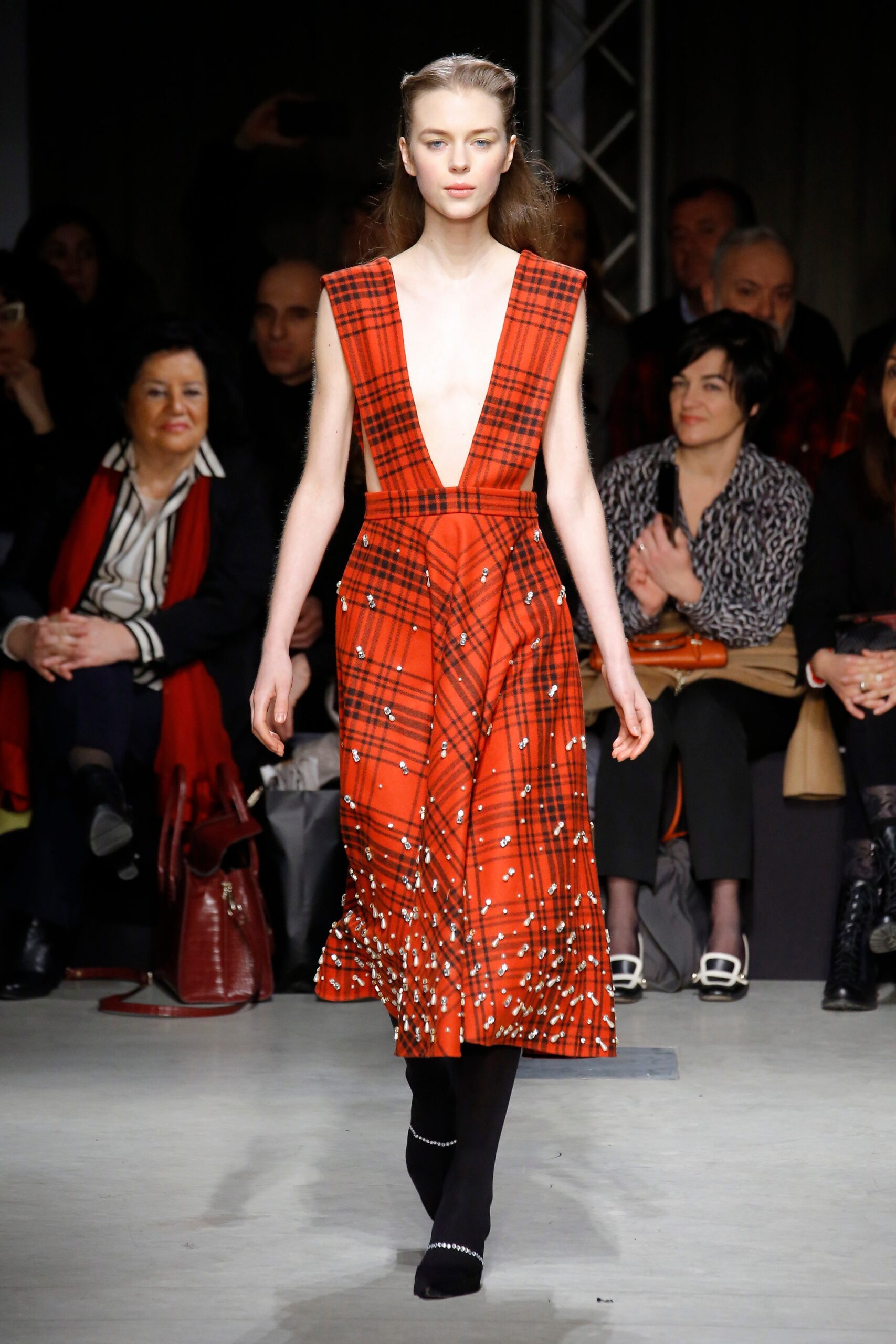 red pleated midi dress