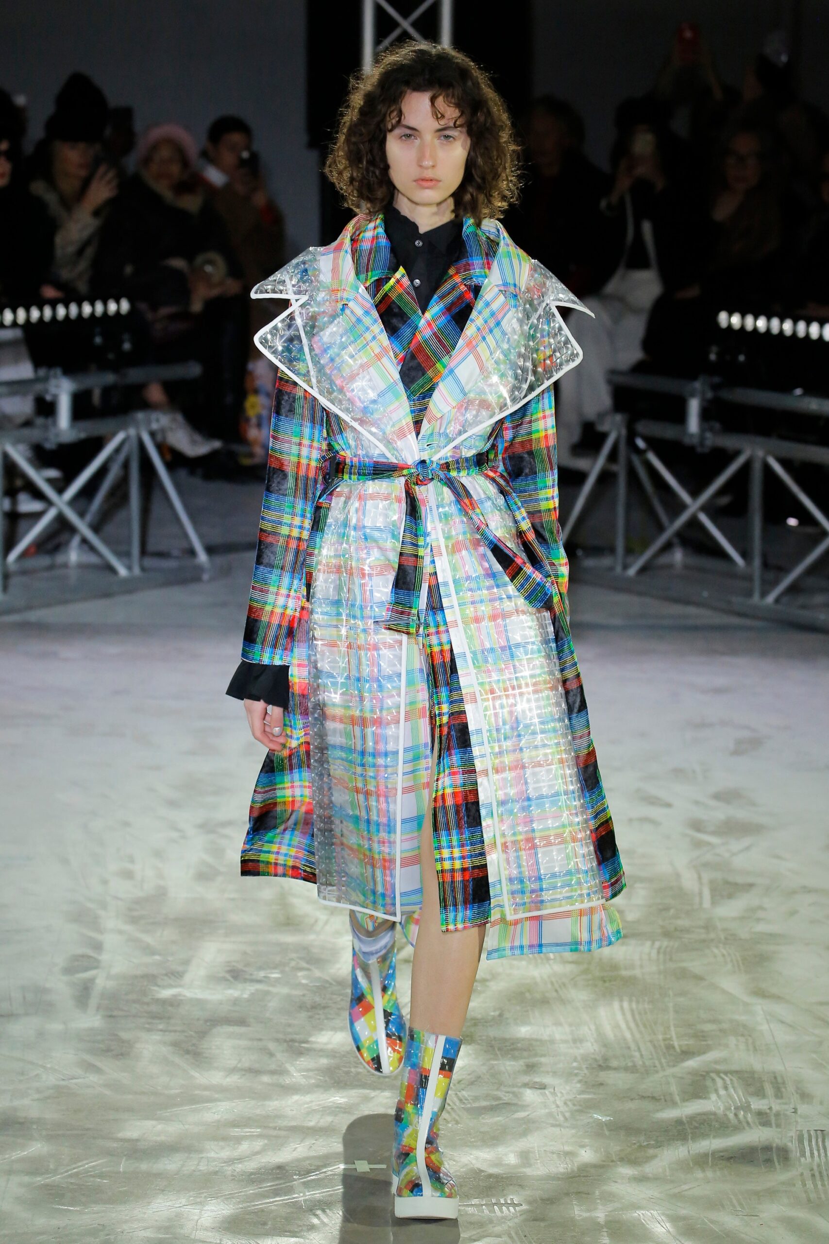 multi vinyl long-sleeve collared relaxed belted layered coat