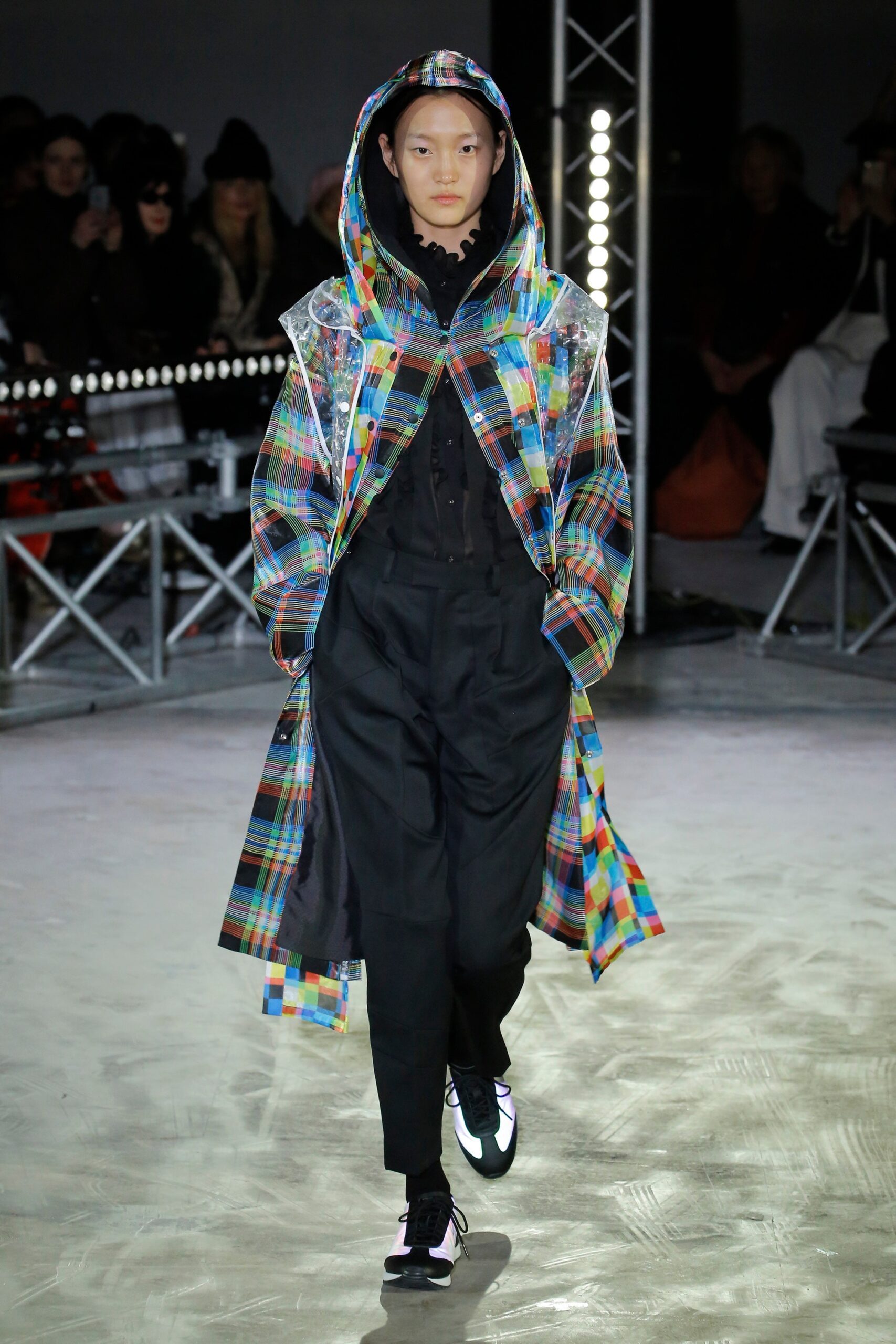 multi-colored vinyl coat with hood