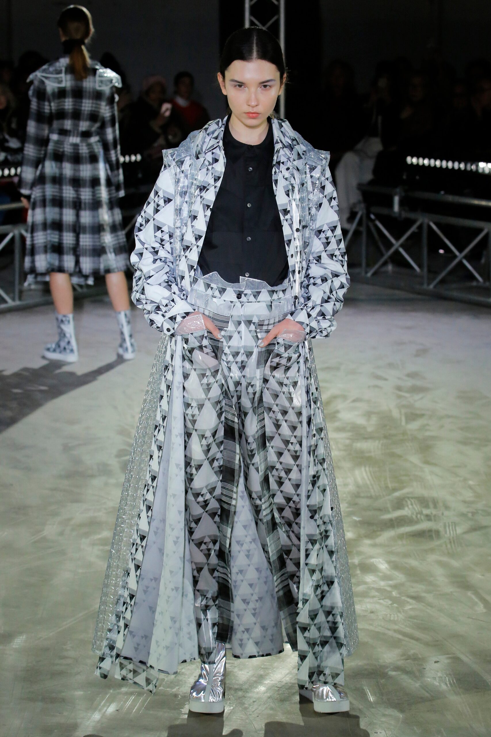 black and white printed coat and skirt