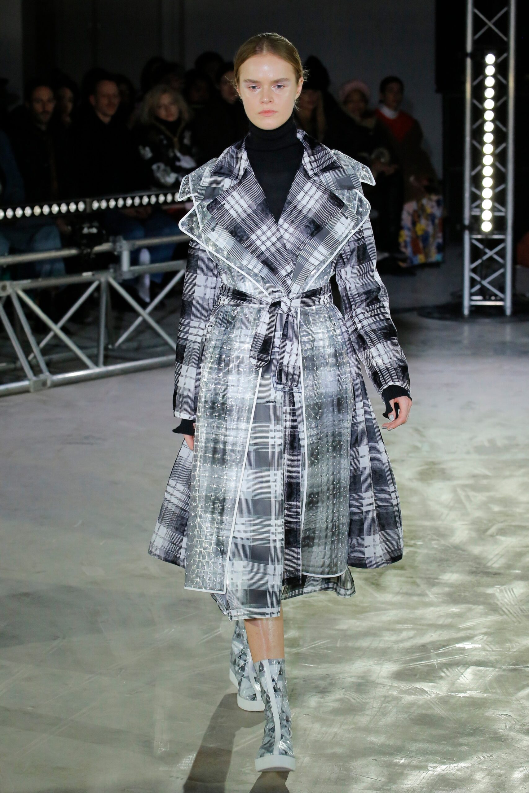 plaid trench coat with white boots