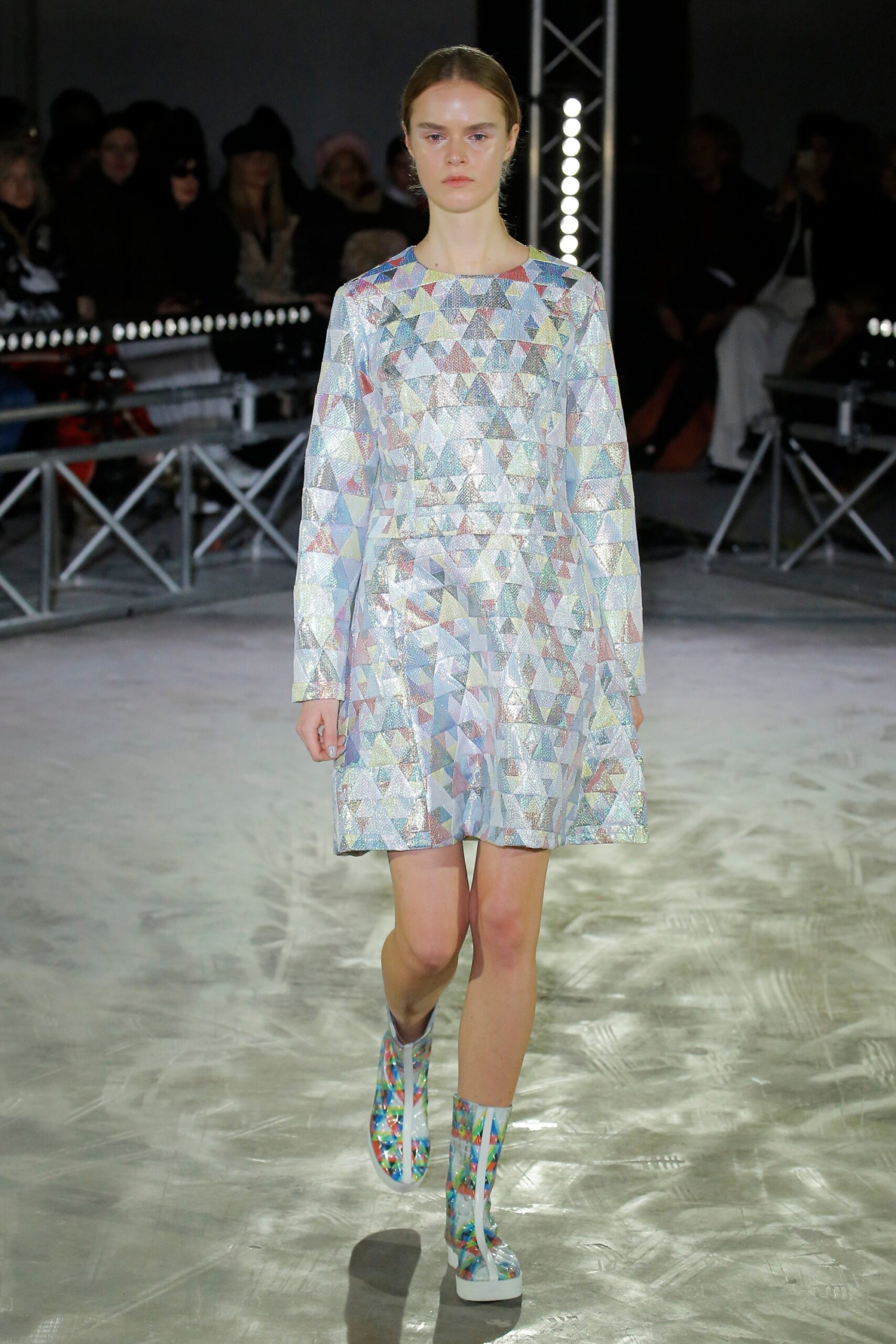 multi-colored printed dress and boots