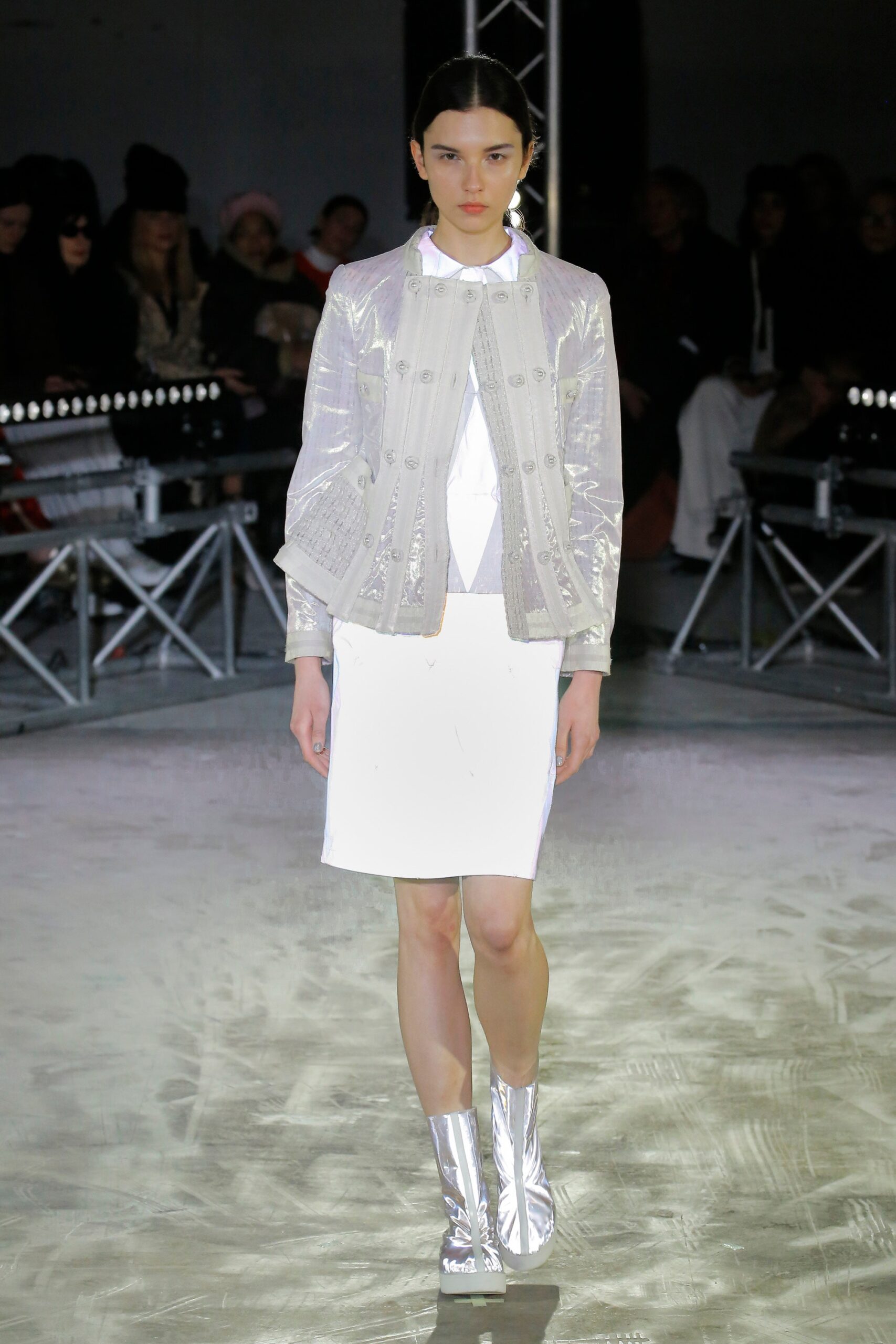 gray metallic long-sleeve collared fitted zippered embellished jacket