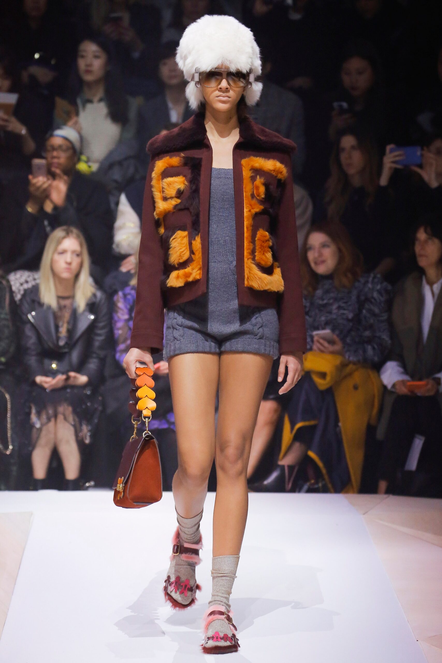 brown fur long-sleeve collared fitted embroidered jacket