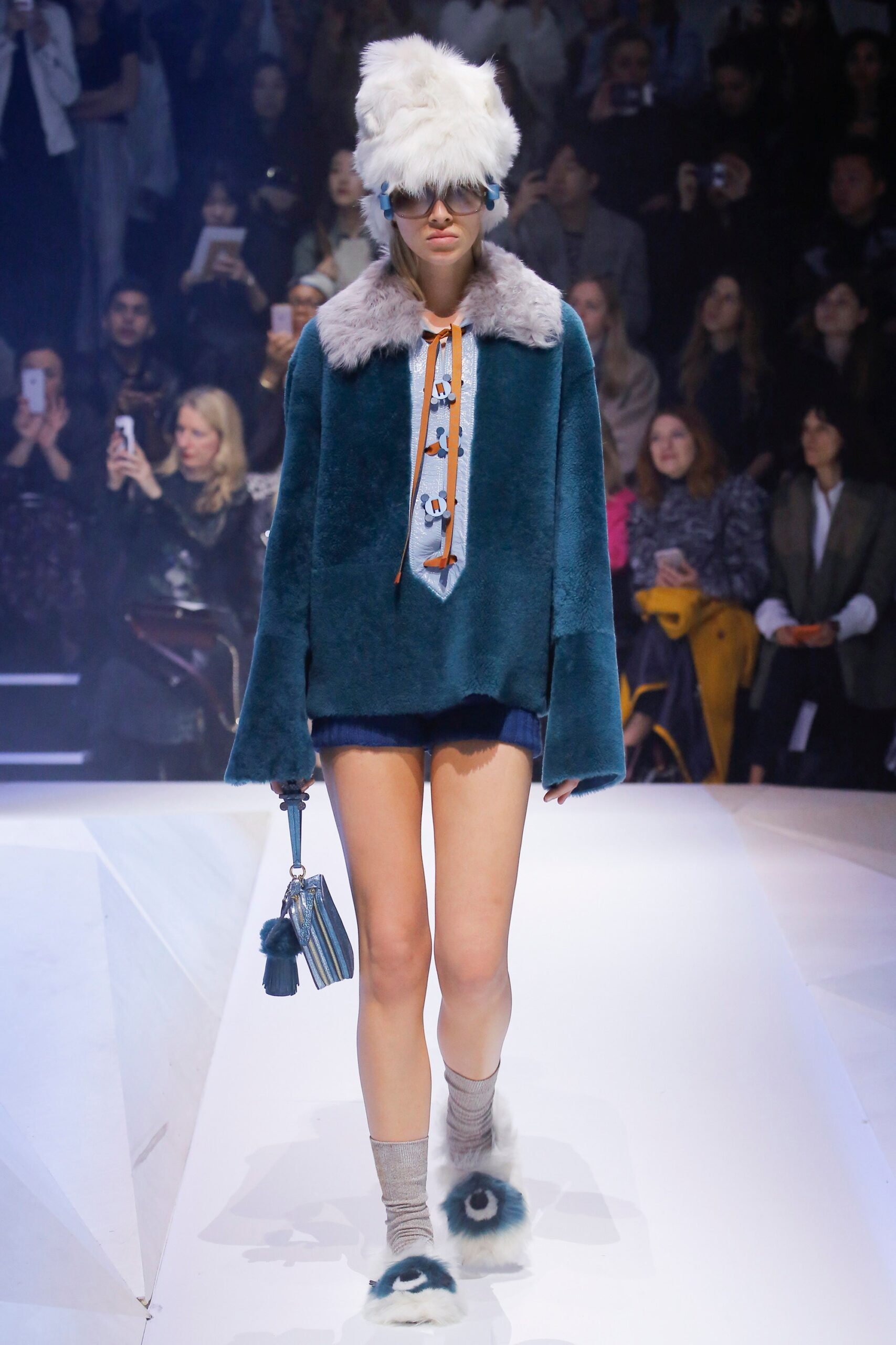 teal faux-fur long-sleeve collared relaxed layered top