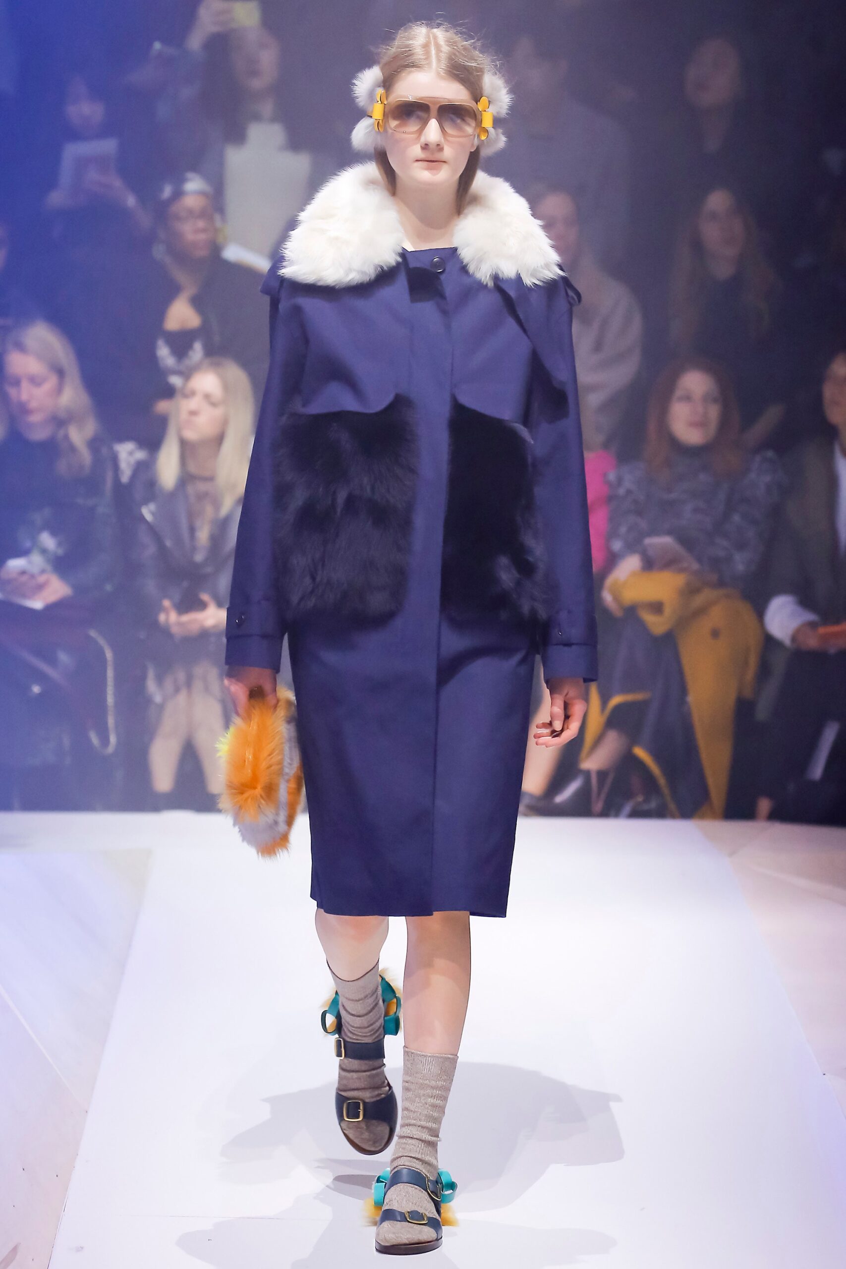 blue wool long-sleeve collared relaxed layered zippered coat