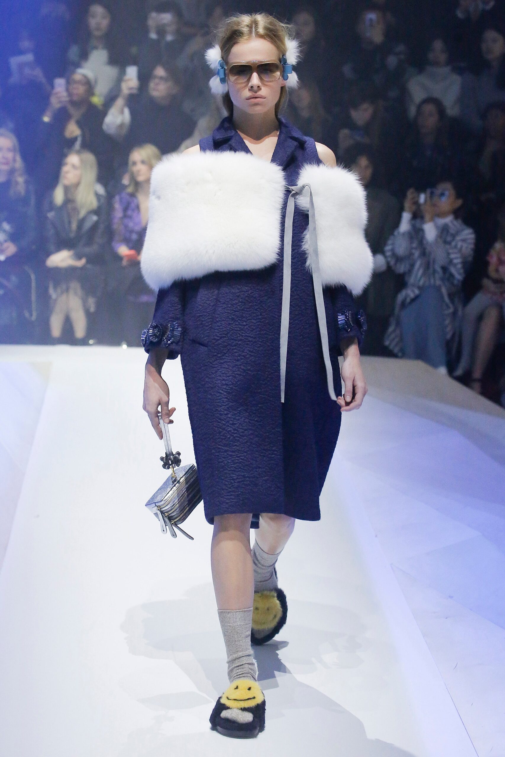 blue wool long-sleeve collared relaxed buttoned a-line dress