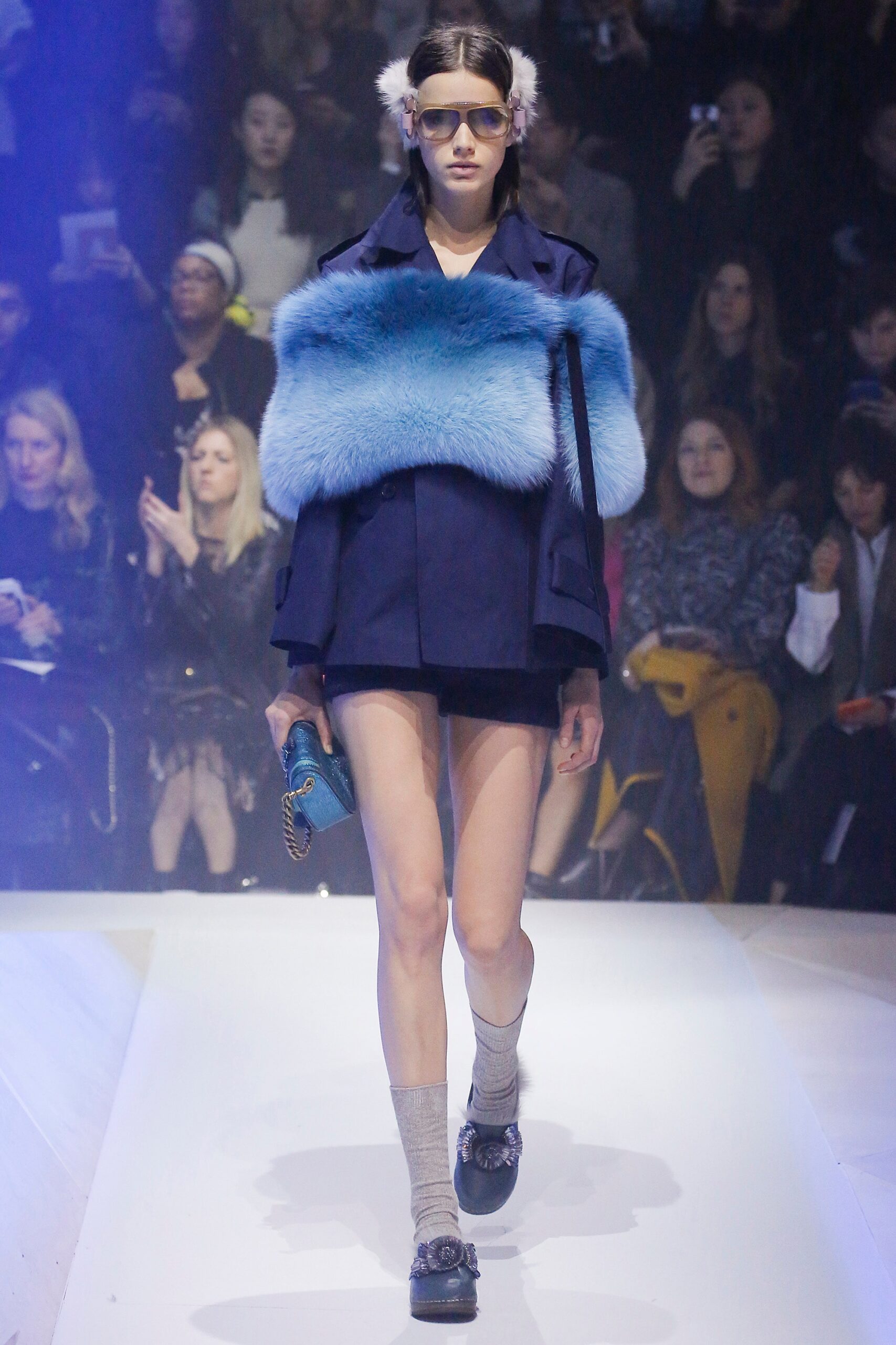 blue wool long-sleeve collared structured layered jacket