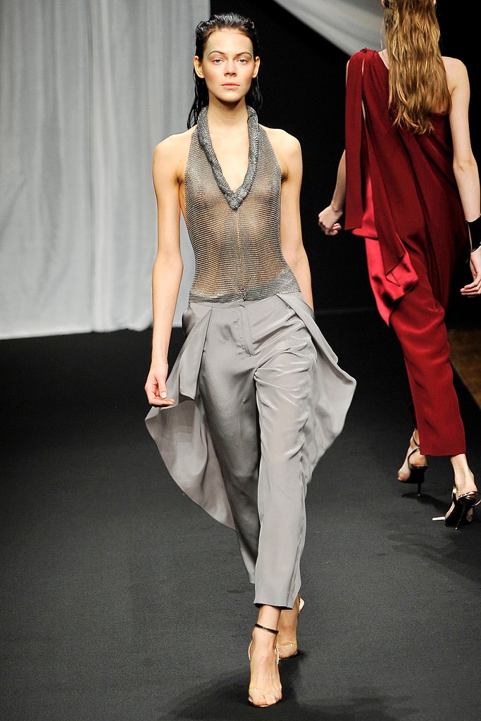 gray mesh sleeveless v-neck fitted draped sheer top