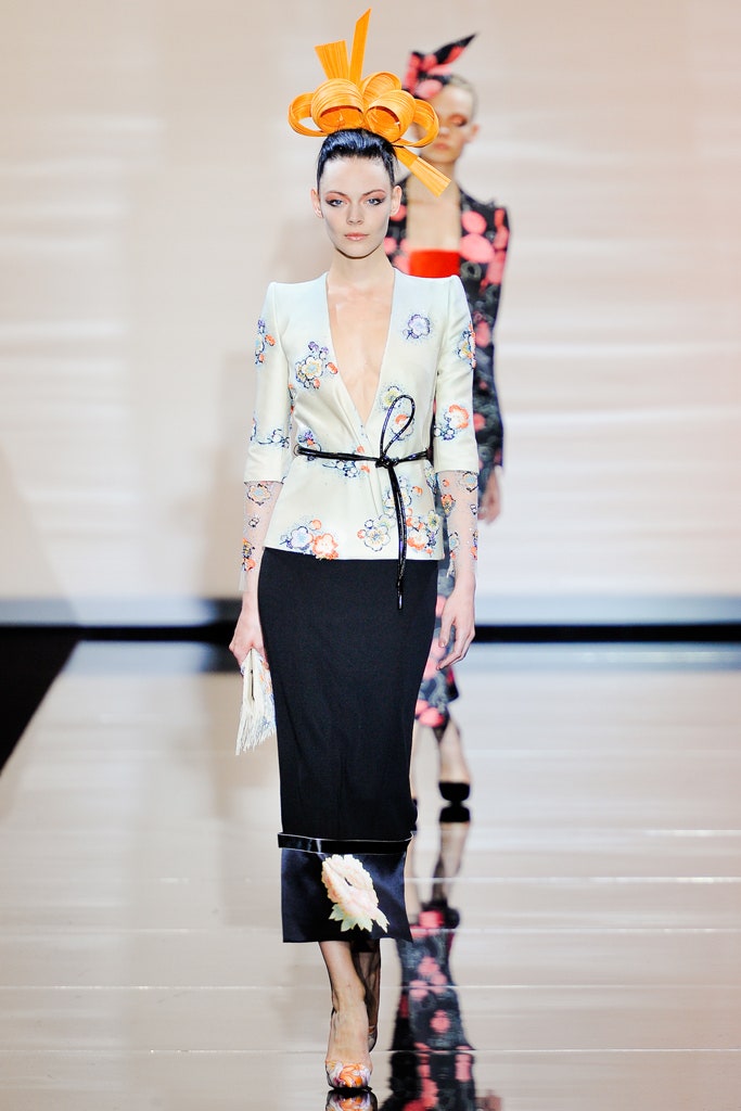 fitted white embroidered blazer and black pencil skirt