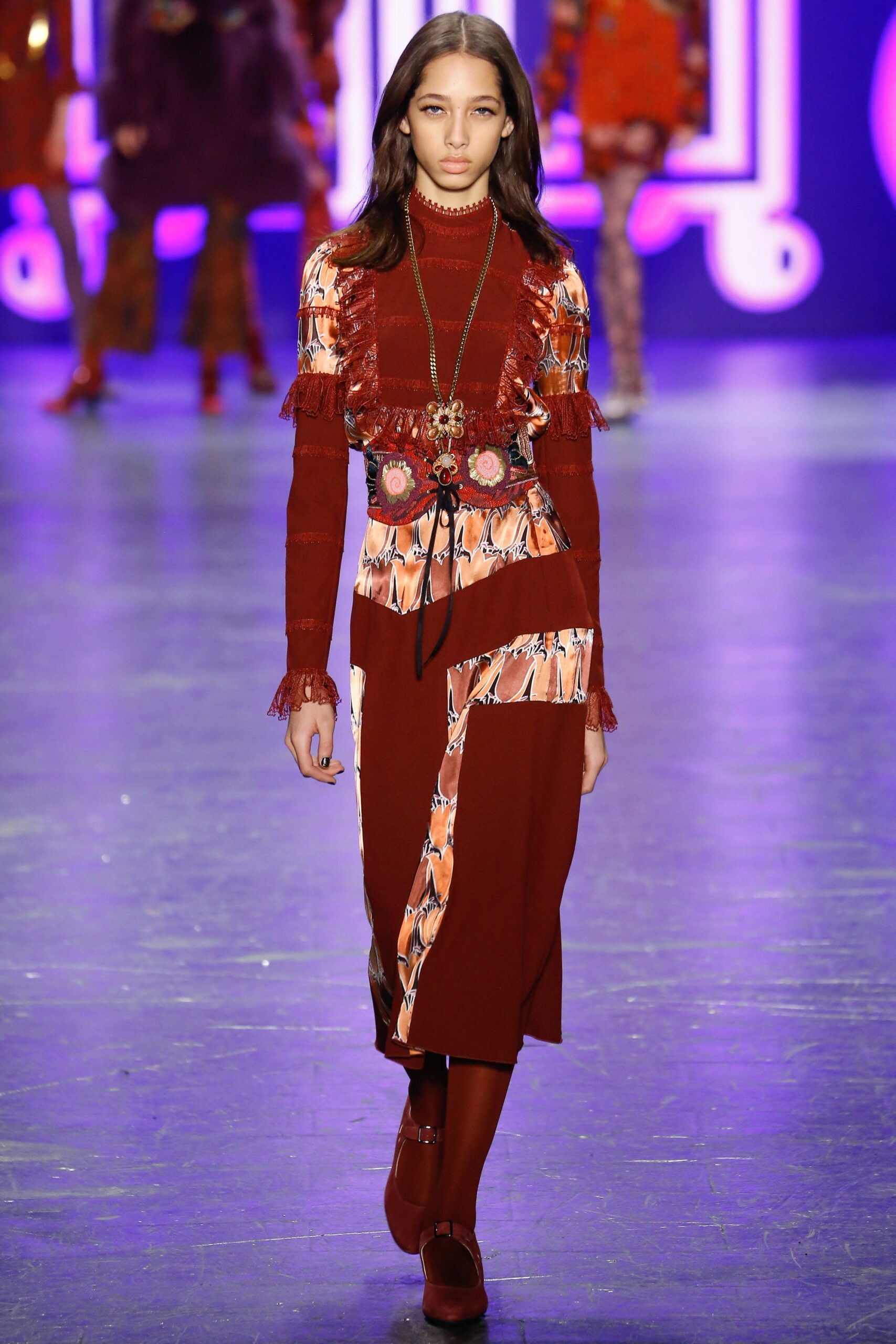 red and brown pleated midi dress