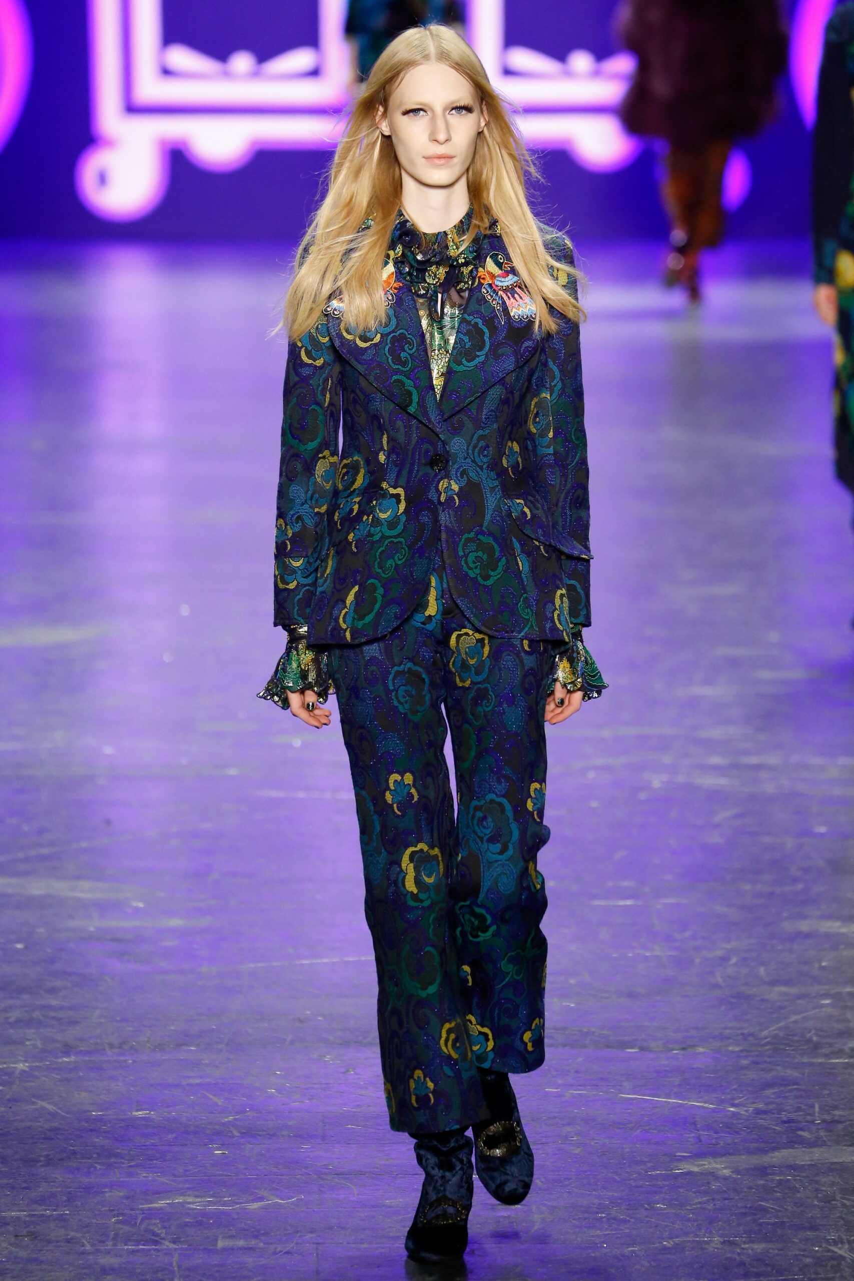 blue and green printed tailored suit