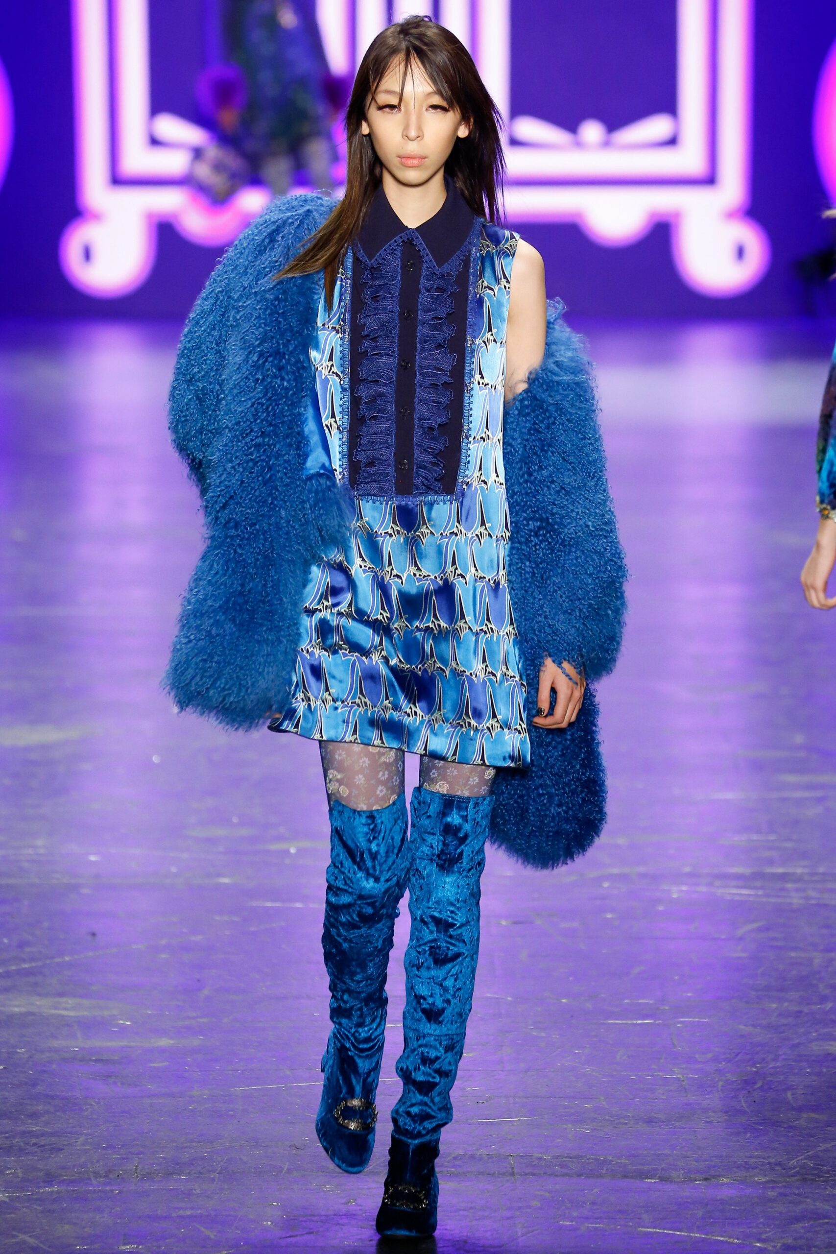 blue pleated mini dress with oversized coat
