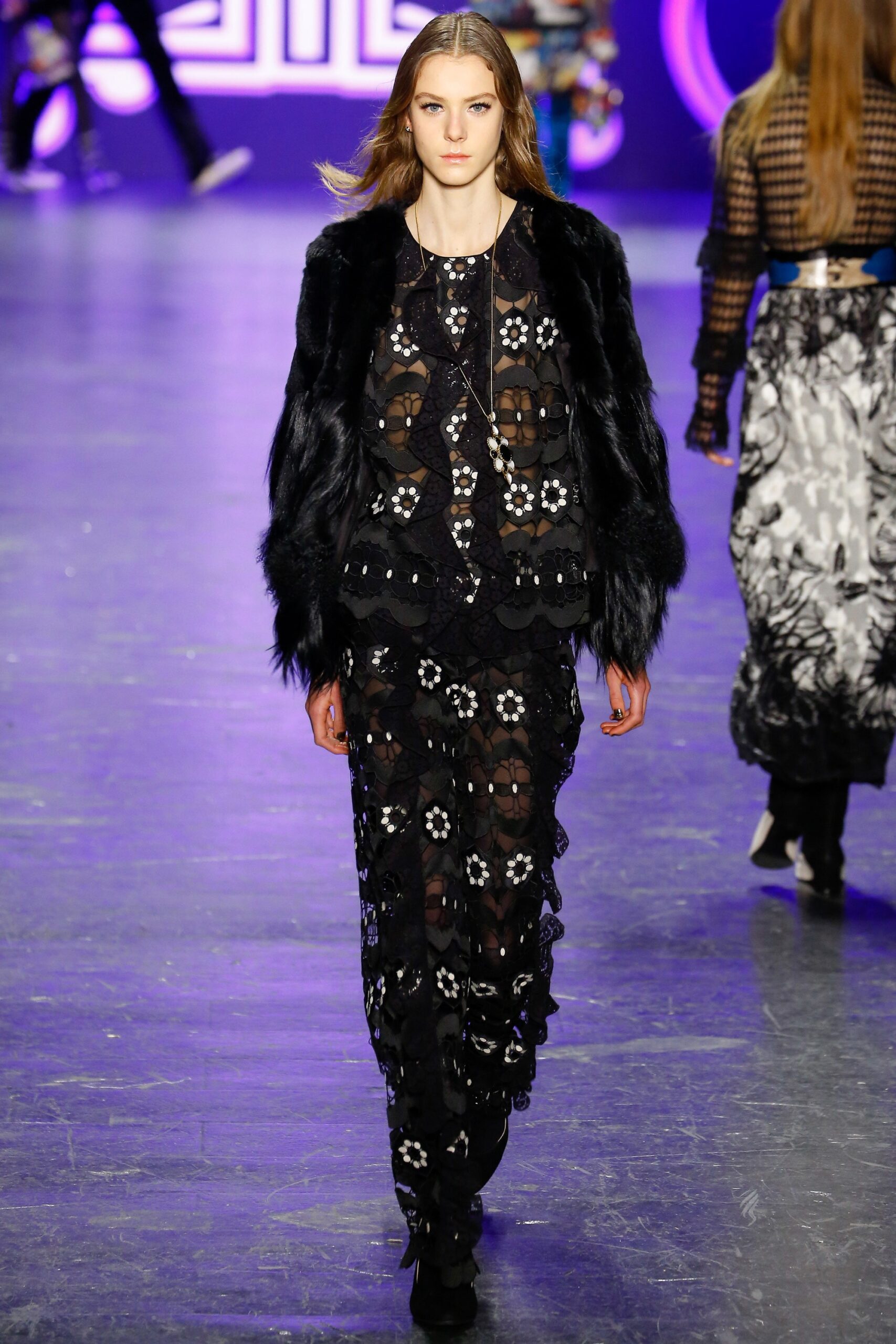 black lace maxi dress with faux-fur coat