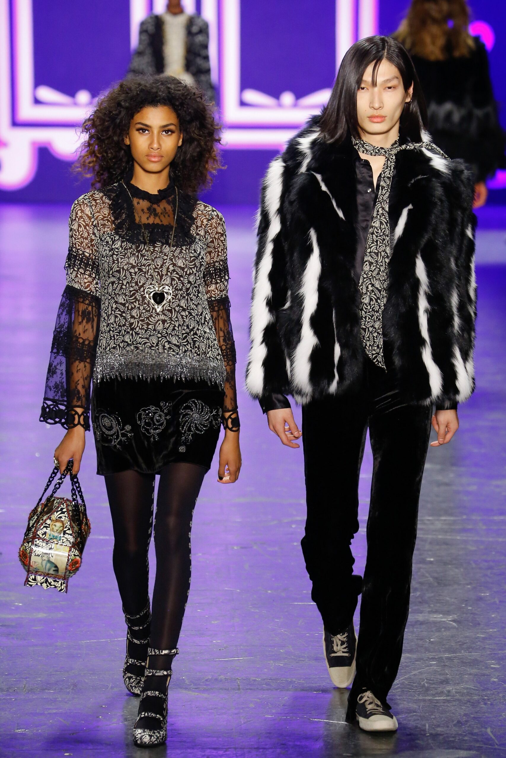 black and white lace blouse with velvet pants