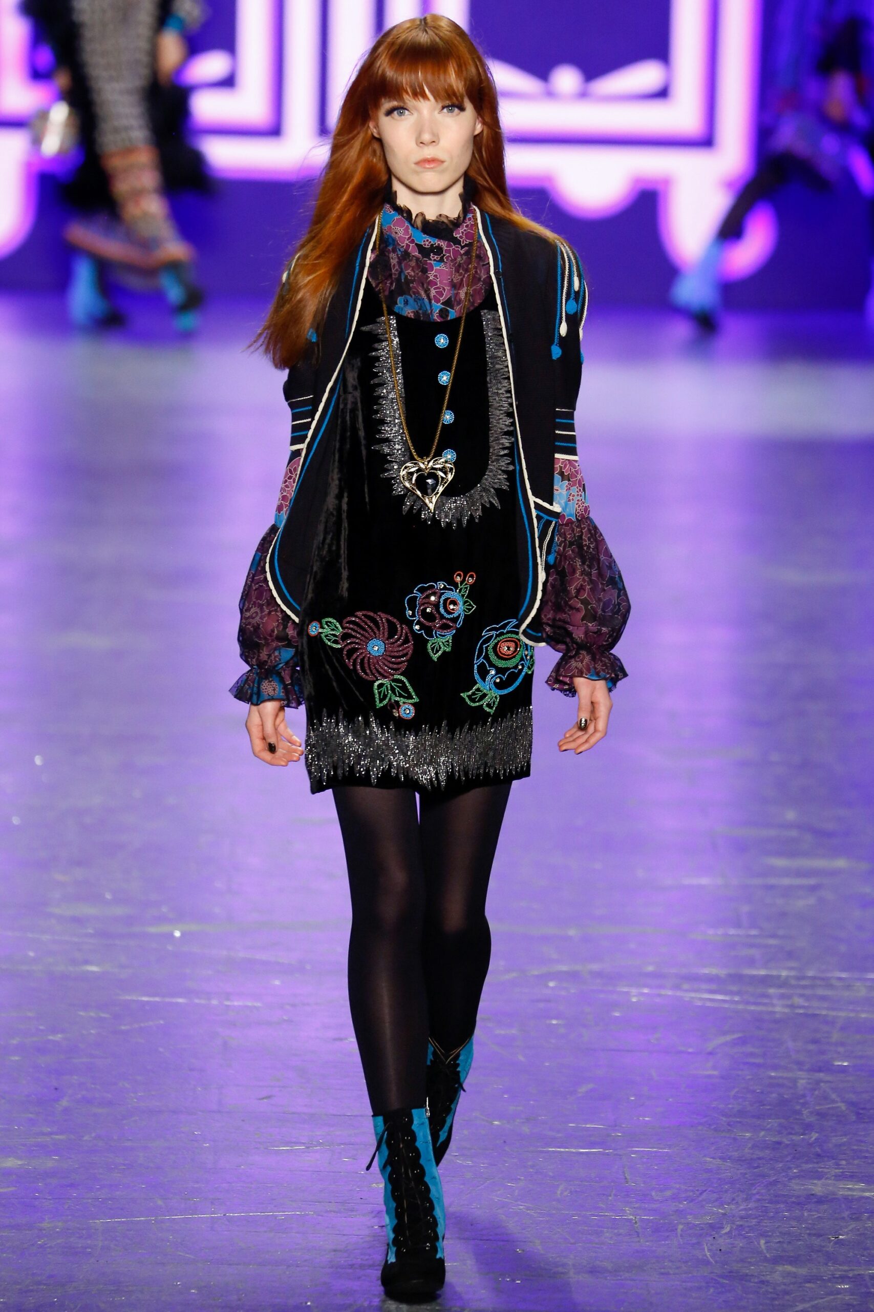black velvet mini dress with blue jacket