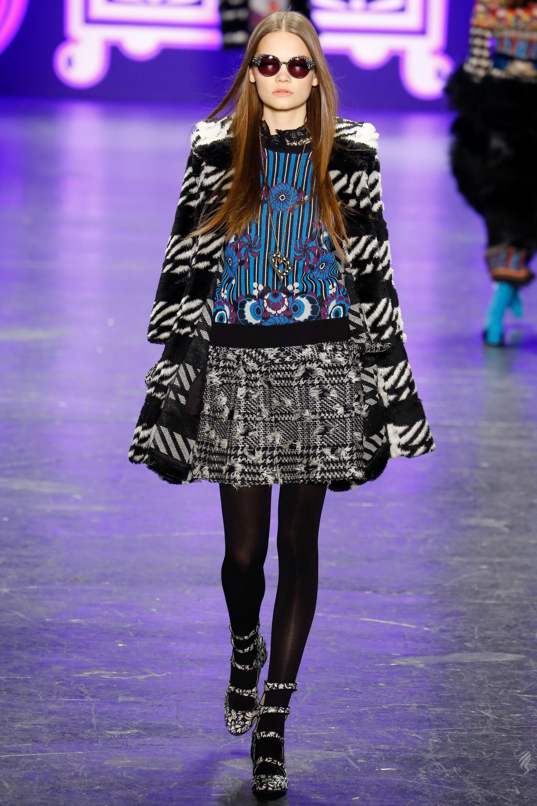 black and white striped coat with printed top