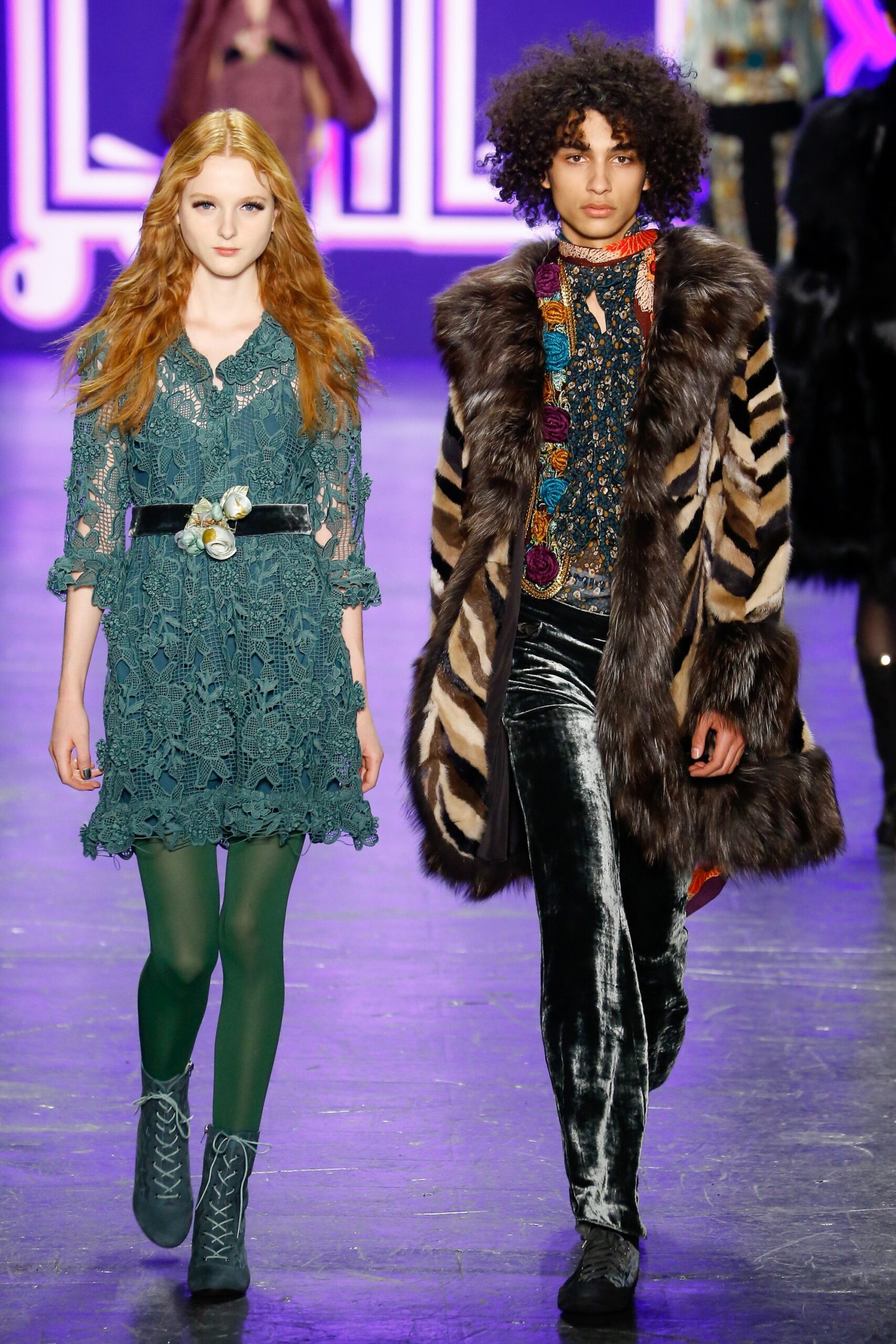 green lace mini dress and fur coat