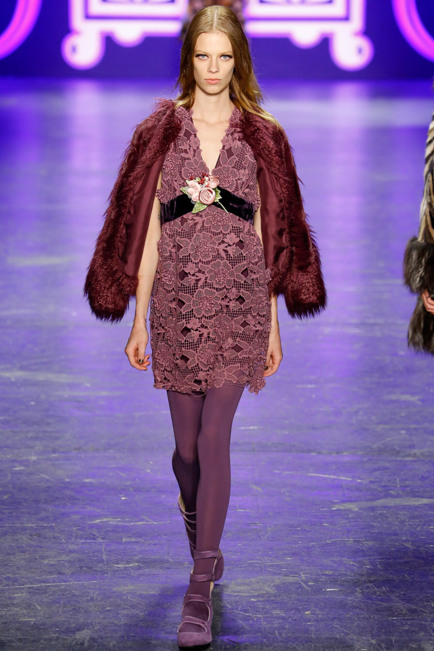 purple lace dress with faux-fur coat