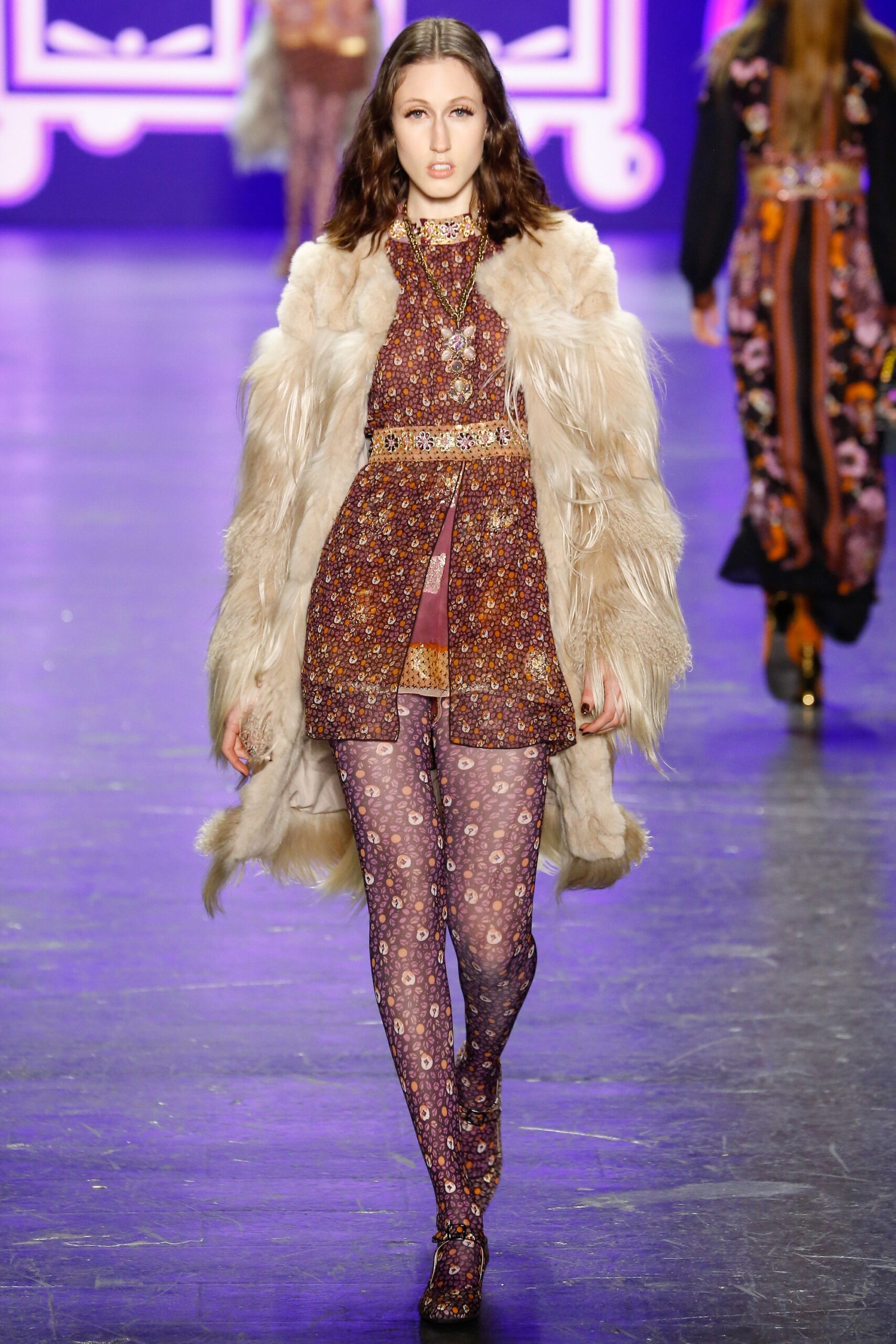 purple and orange printed dress with faux-fur coat
