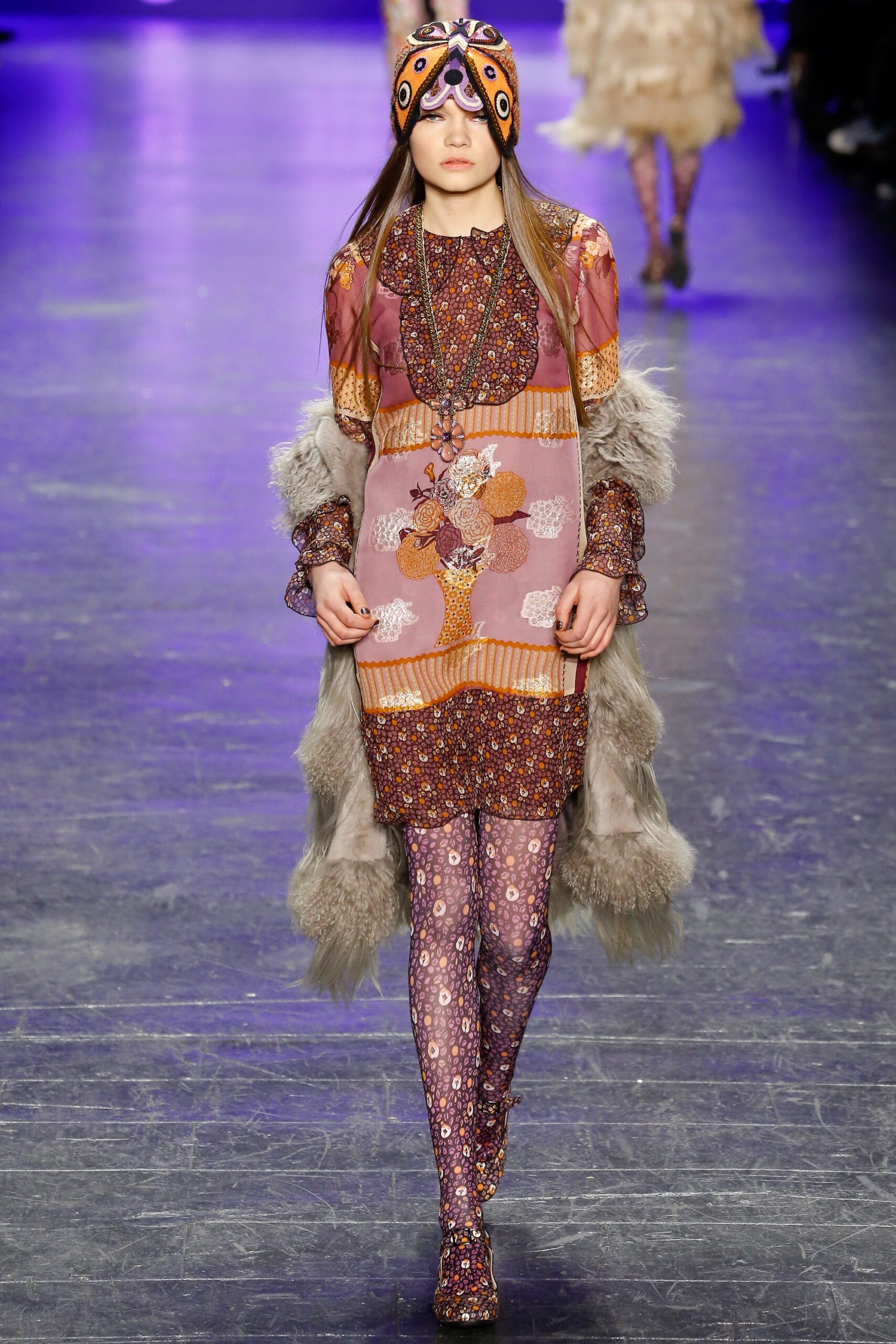 purple embroidered mini dress with fur coat