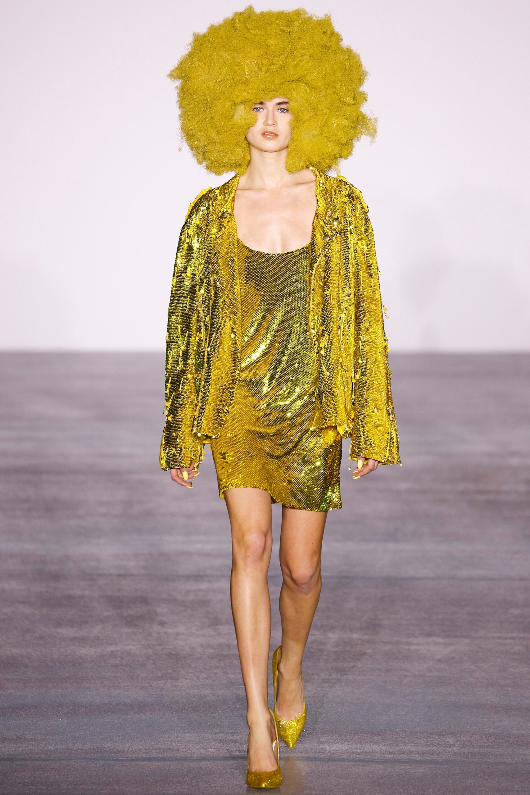 yellow sequin sleeveless v-neck fitted ruched shiny dress